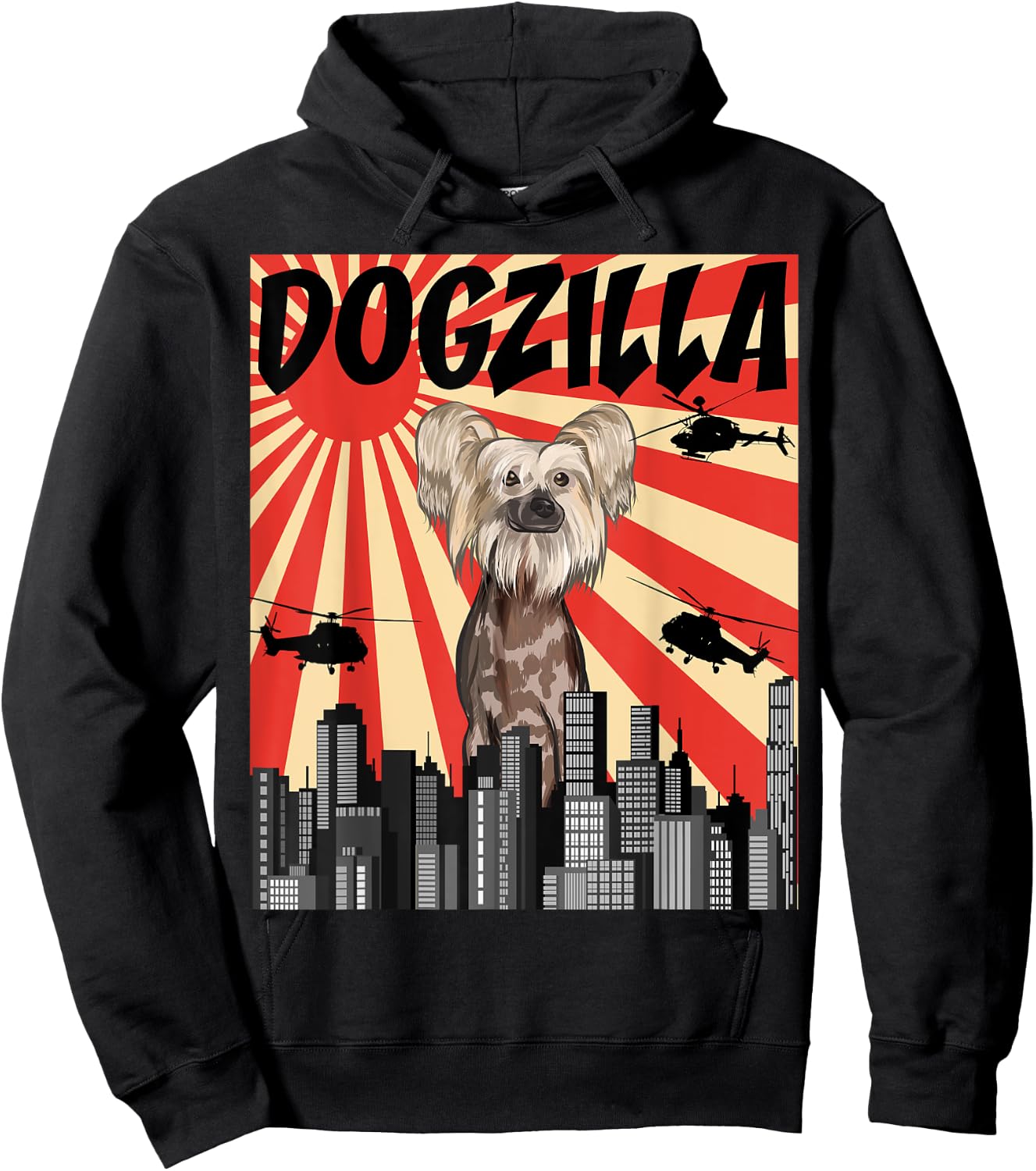 Funny Retro Japanese Dogzilla Chinese Crested Hoodie - Hoodie | Black