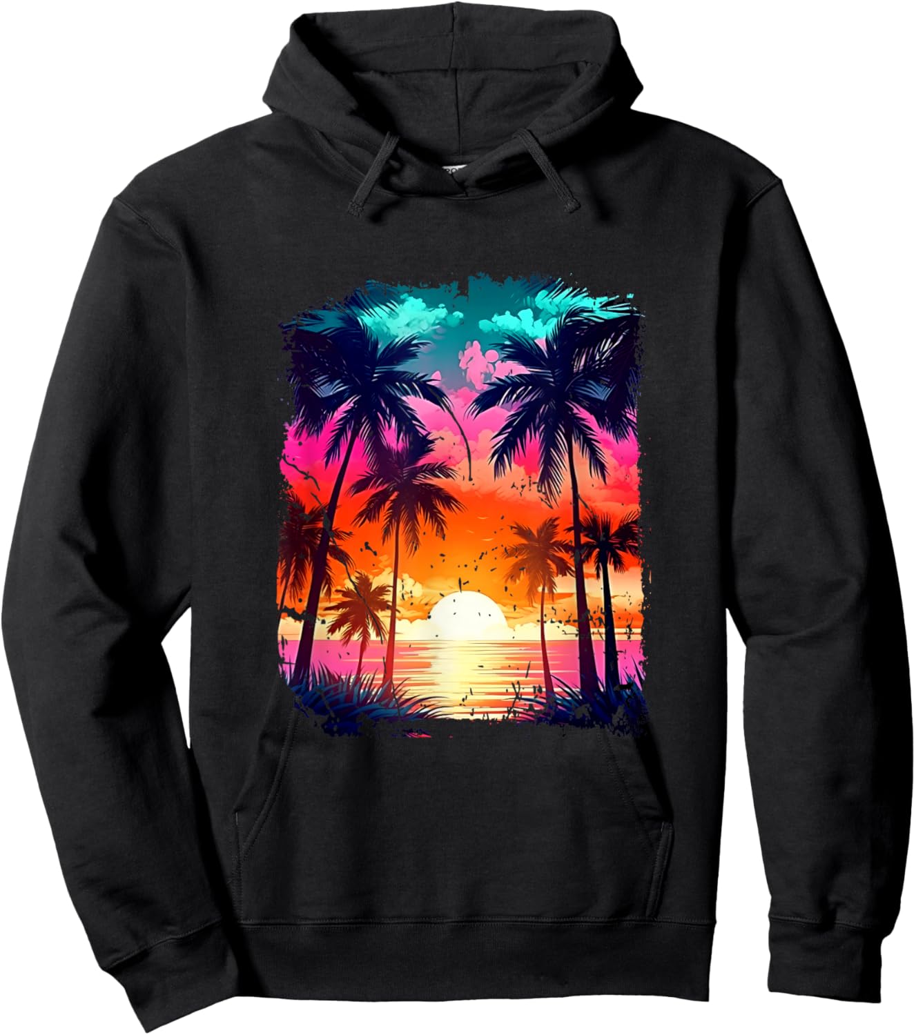 Orange and Aqua Sunset with Silhouetted Palm a Trees Beach Hoodie - Hoodie | Black
