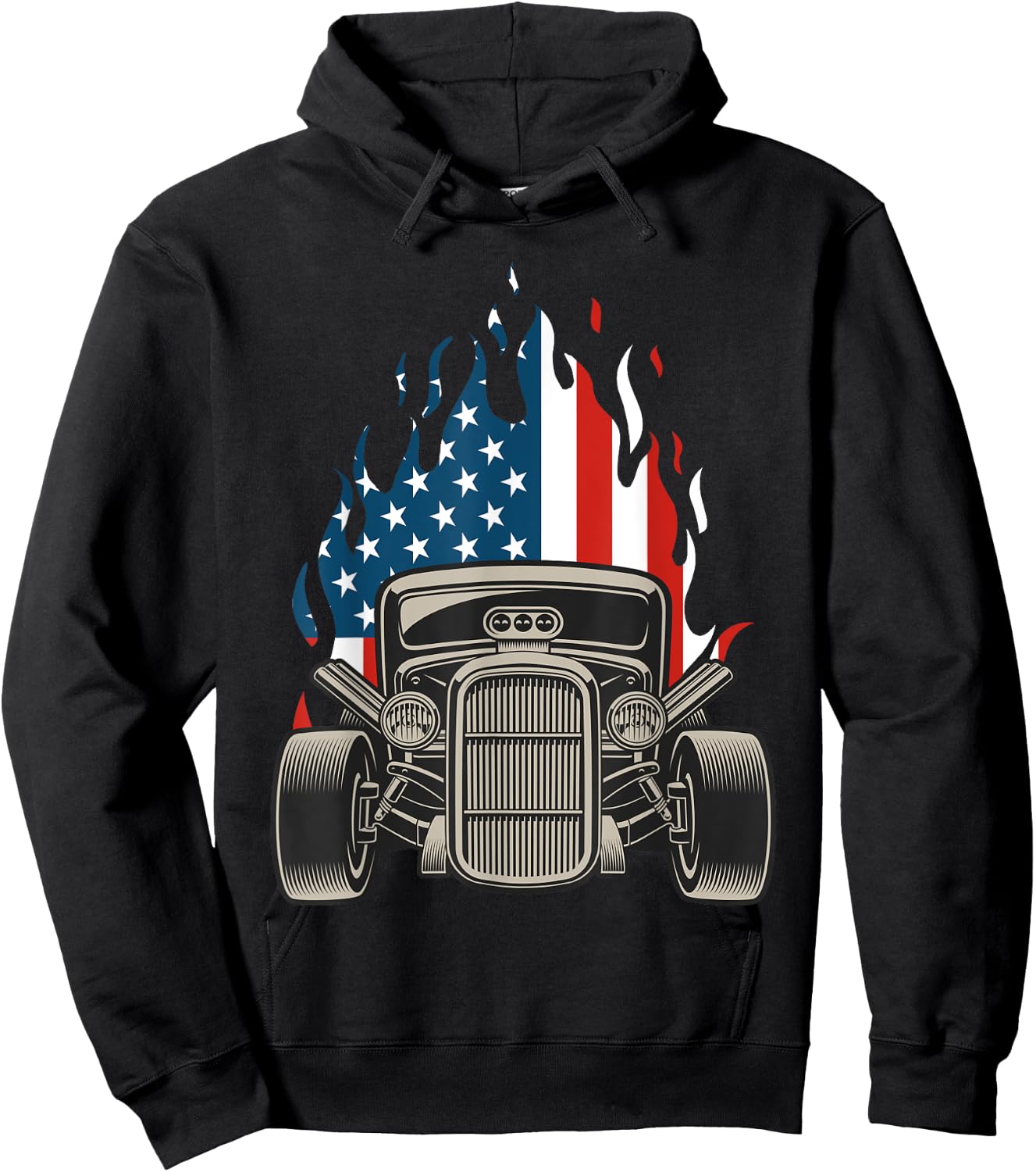 American Flag Vintage Hot Rod Veteran Memorial Day July 4 Hoodie - Hoodie | Black