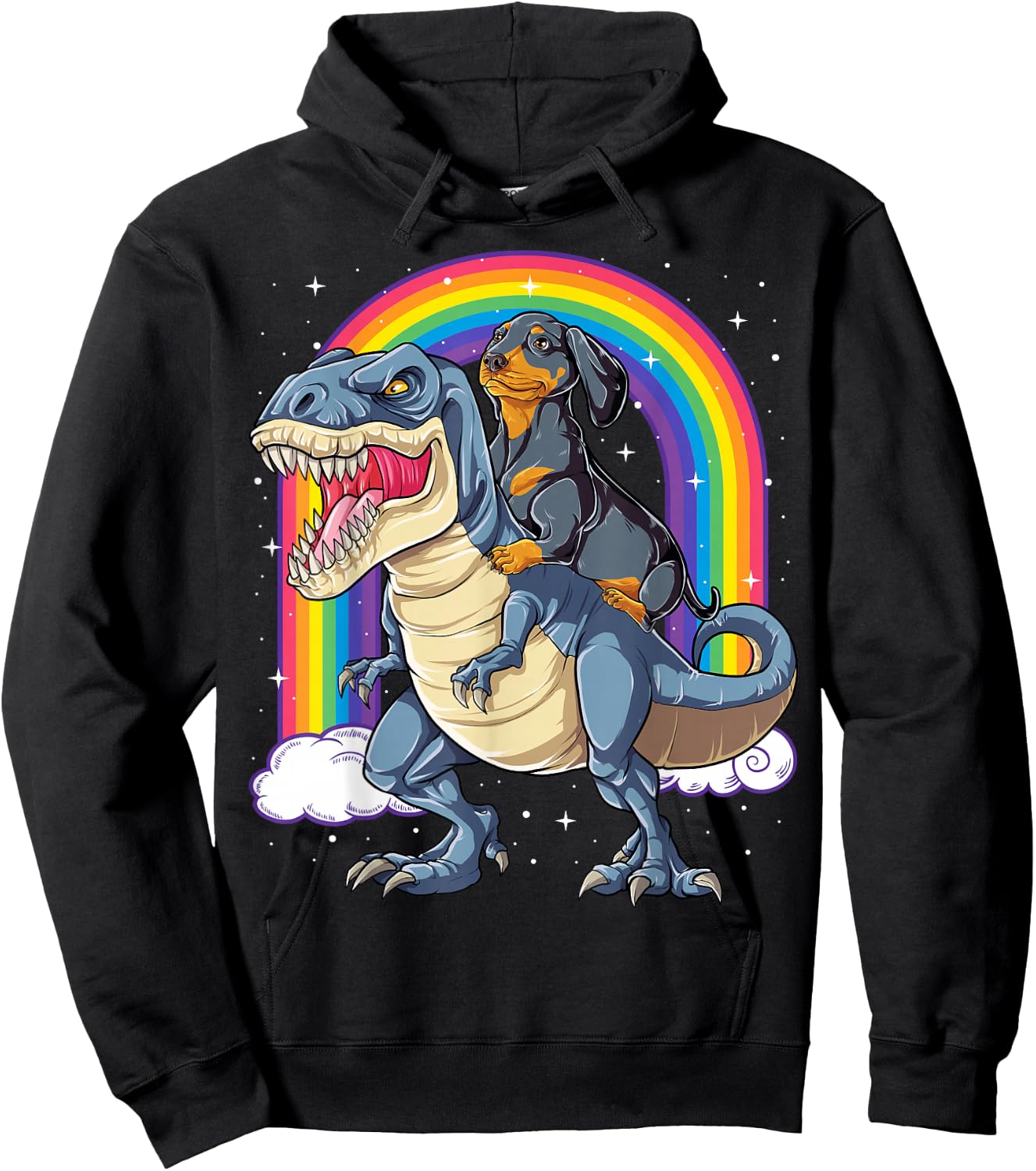 Dachshund Riding Dinosaur T-rex Gifts Boys Kids Men Rainbow Hoodie - Hoodie | Black