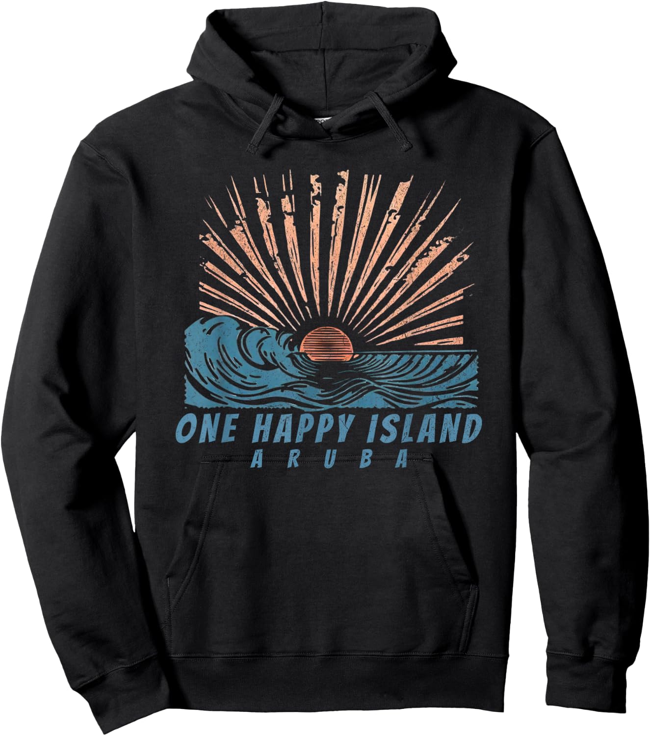 One Happy Island Aruba Sun Rays Waves Vintage Hand Drawn Hoodie - Hoodie | Black