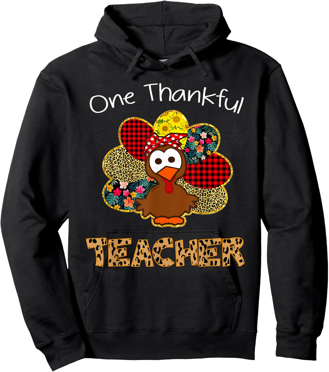One Thankful Teacher Shirt Funny Cute Turkey Thanksgiving Hoodie - Hoodie | Black