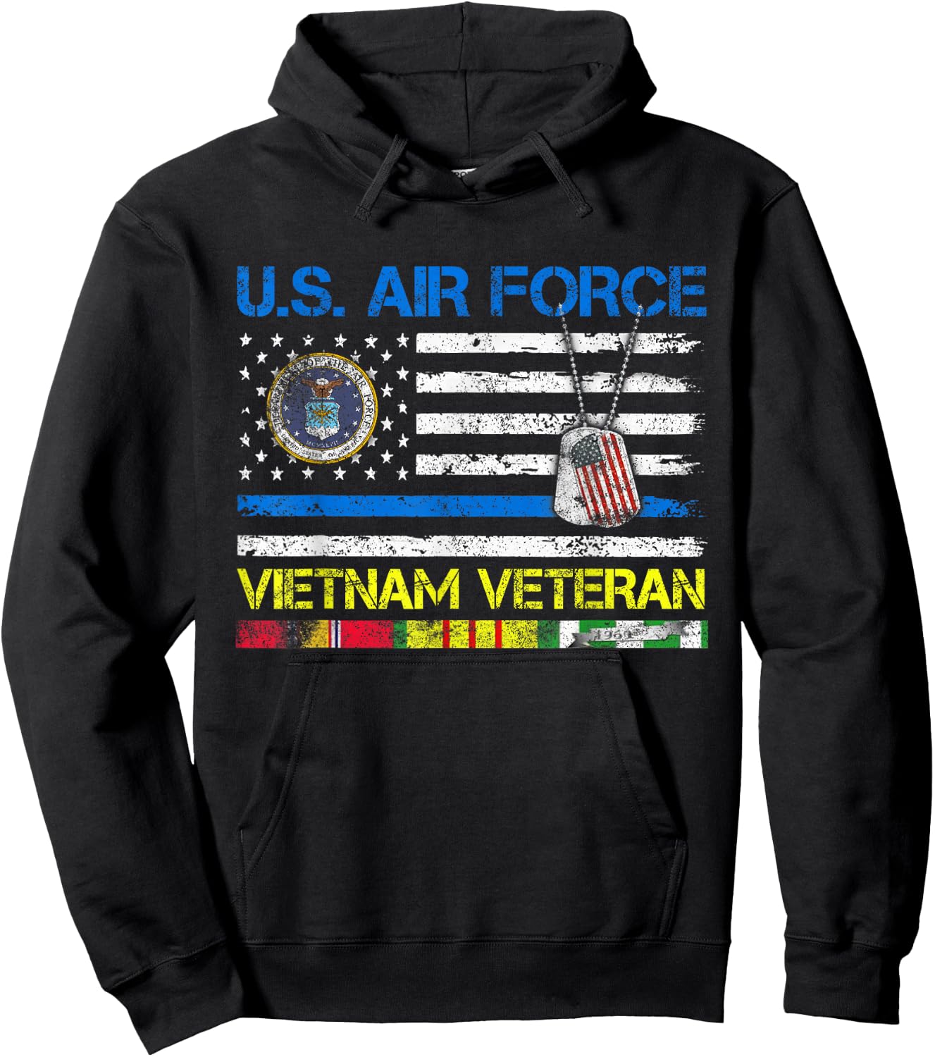 Men U.S Air Force Vietnam Veteran, USAF Veteran Flag Vintage Hoodie - Hoodie | Black