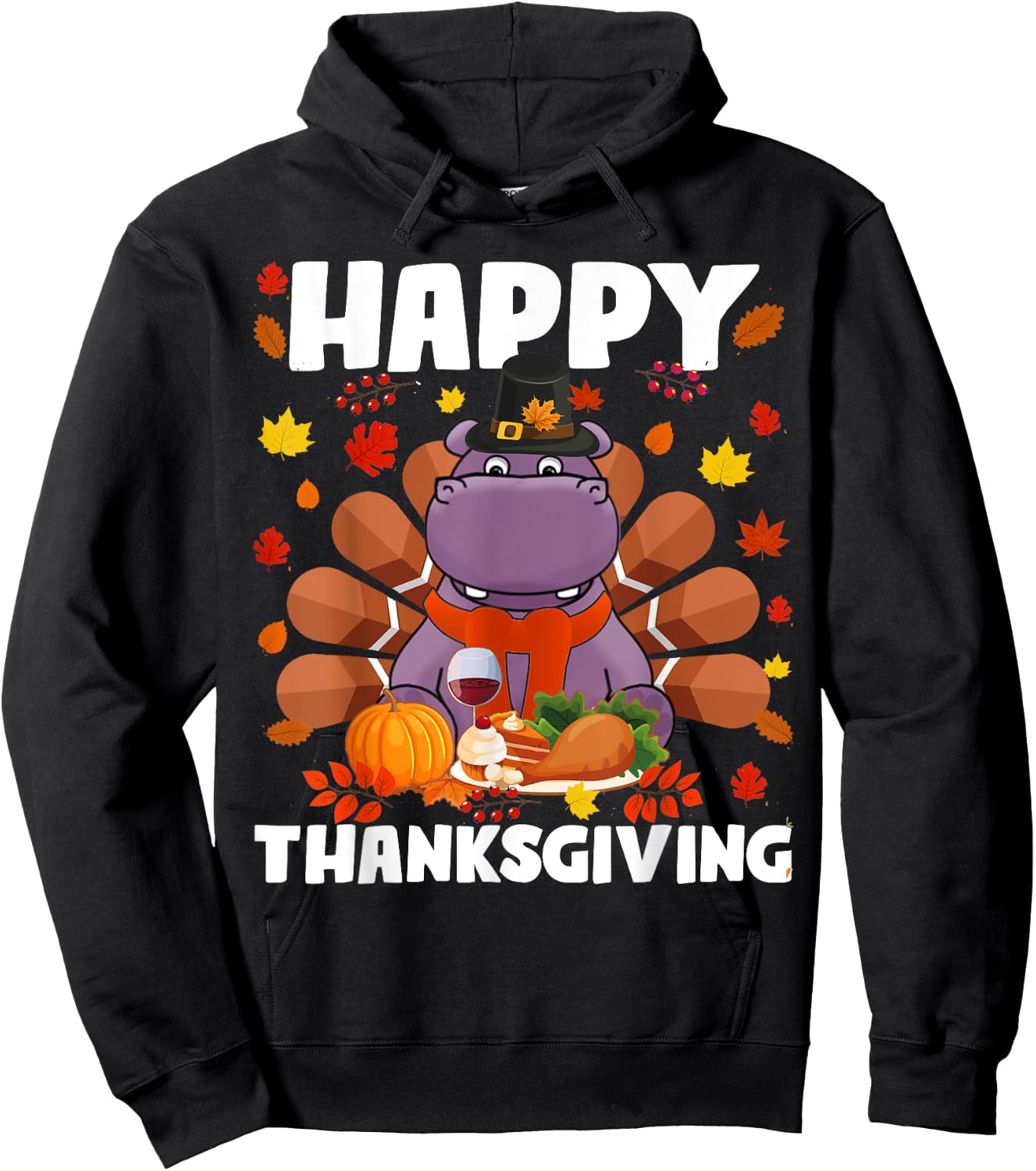 Happy Thanksgiving Funny Hippo Turkey Autumn Hippo Lover Hoodie - Hoodie | Black