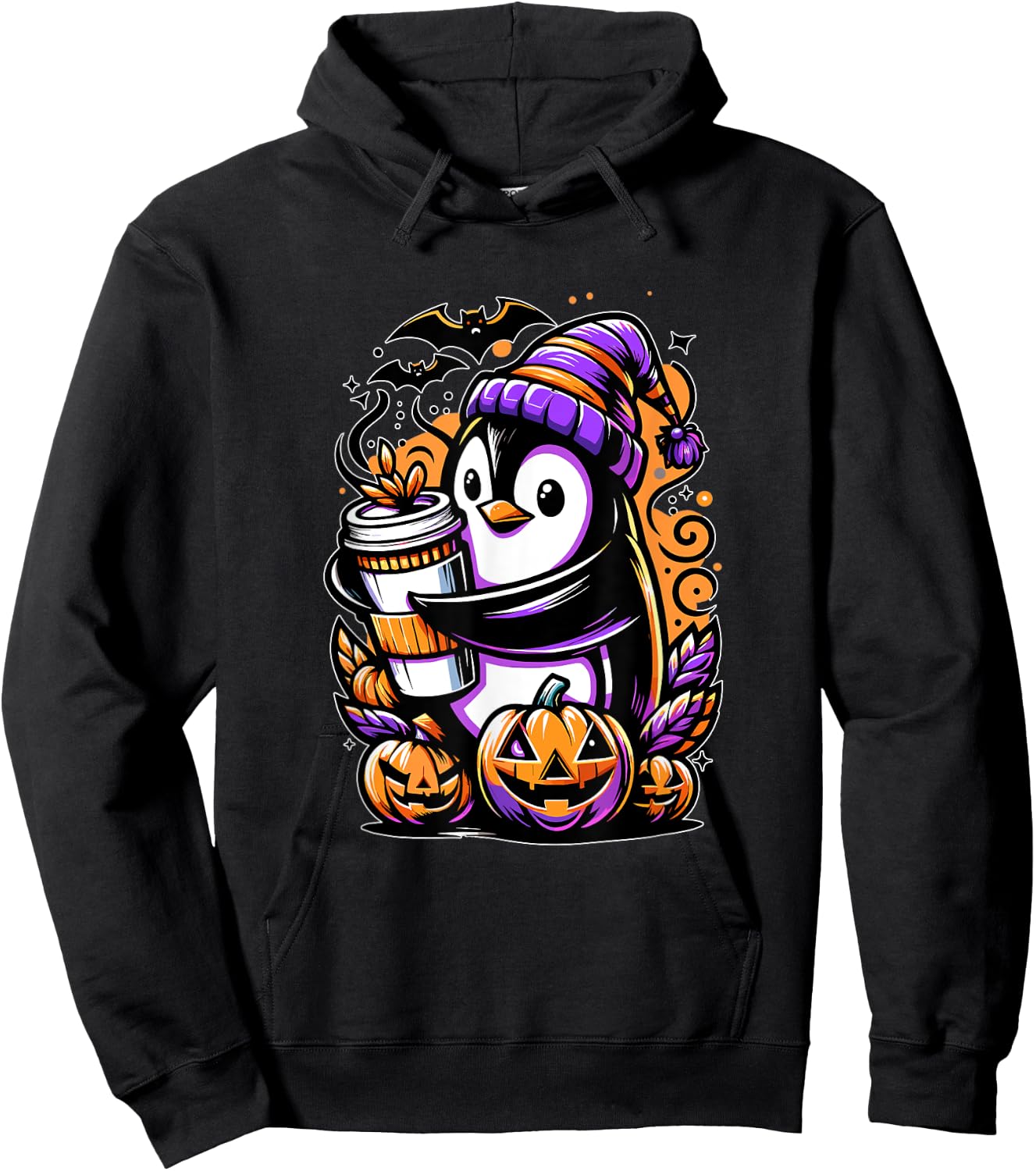 Penguin Coffee Halloween Pumpkin Cute Funny Penguin Hoodie - Hoodie | Black