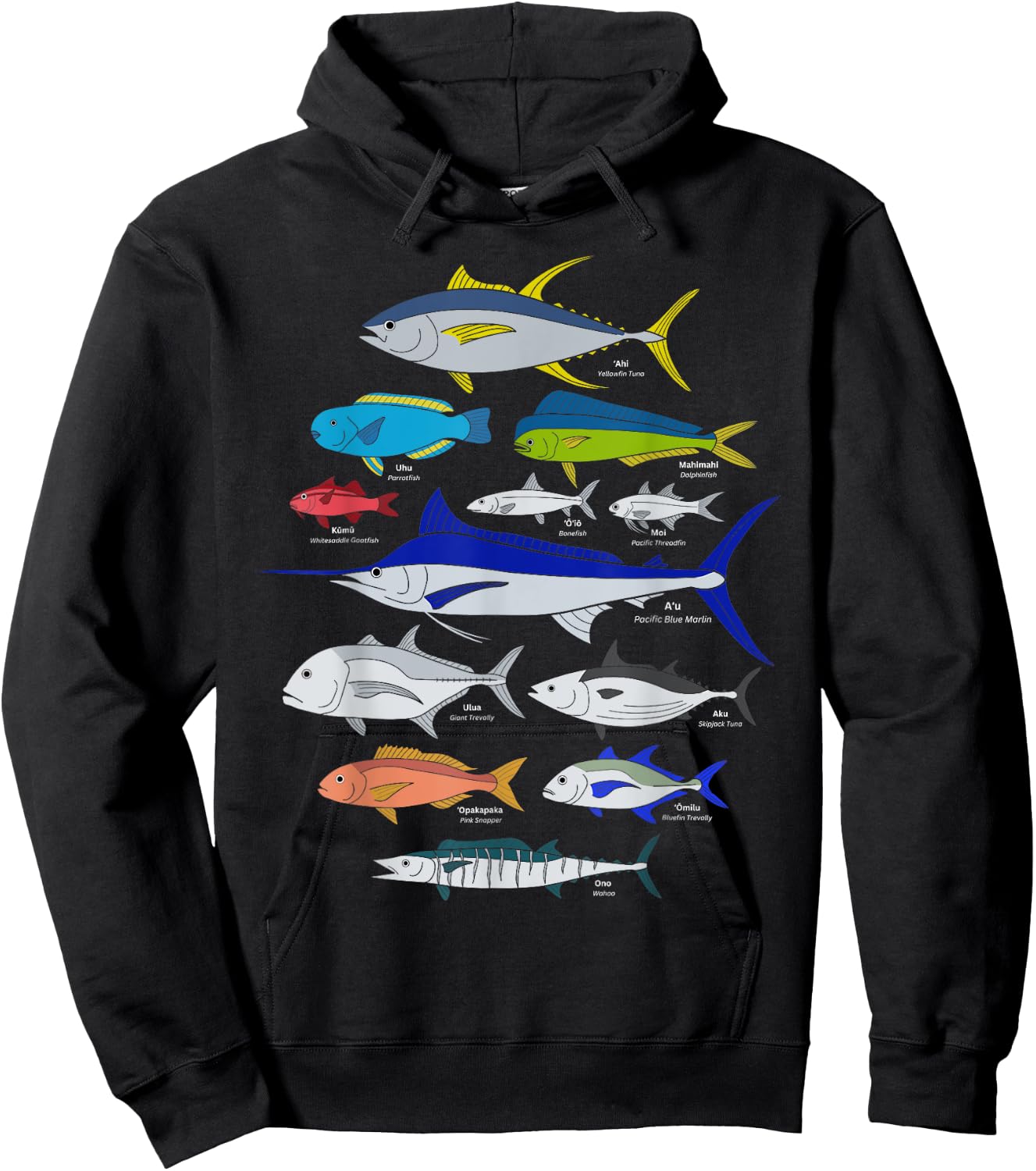 Hawaiian Fish (Ahi, Mahimahi, Ulua, Aku, Uhu, etc.) Fishing Hoodie - Hoodie | Black