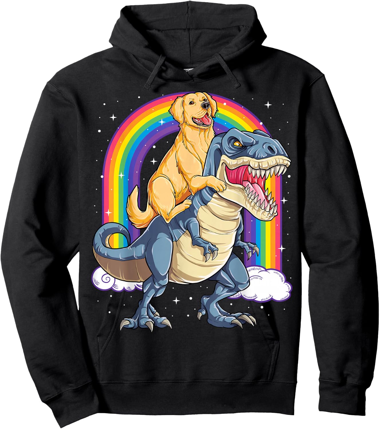Golden Retriever Riding Dinosaur T rex Gifts Boys Rainbow Small Hoodie - Hoodie | Black