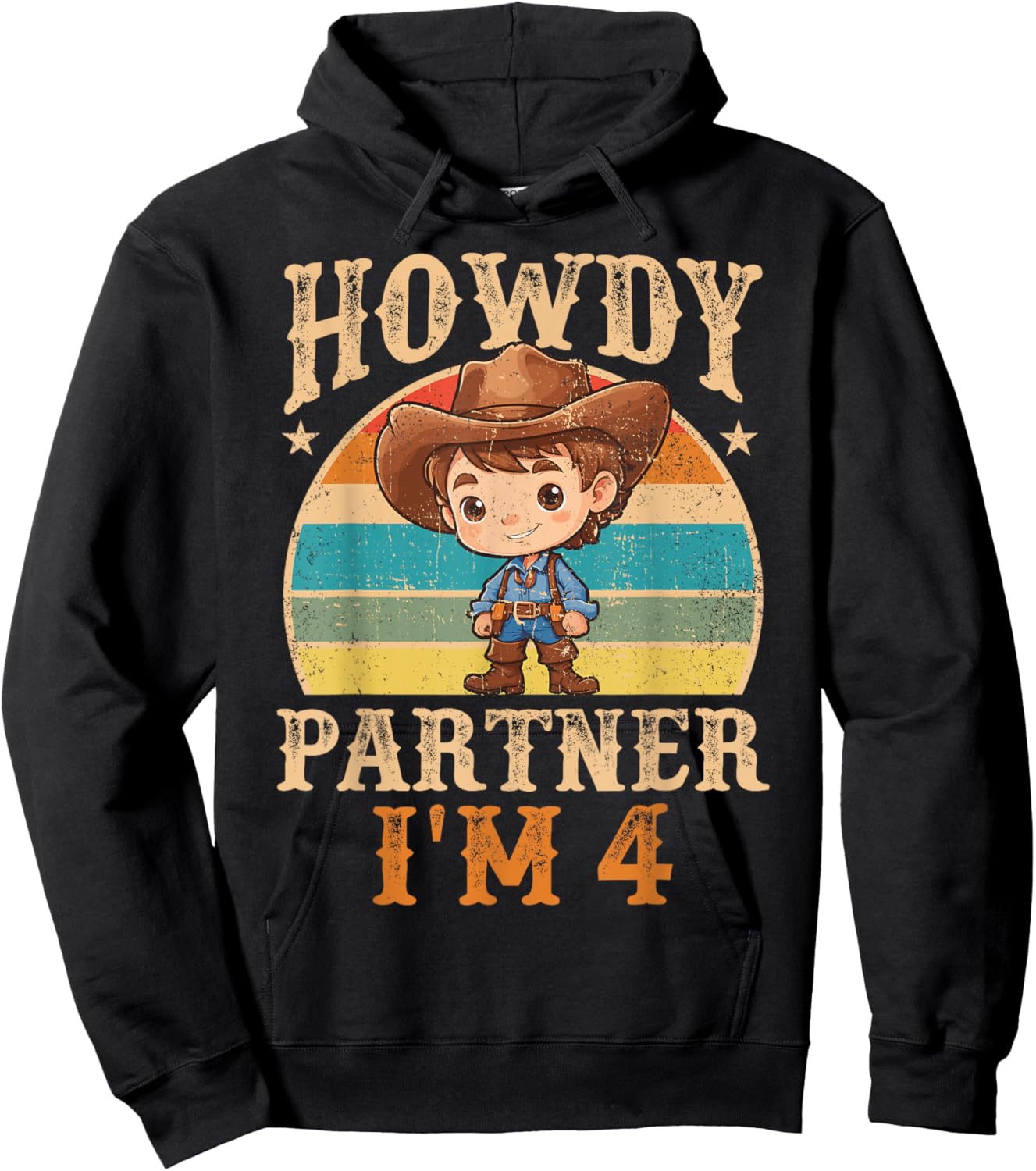 Howdy Partner I'm 4 Cowboy 4th Birthday Country Western Boy Hoodie - Hoodie | Black
