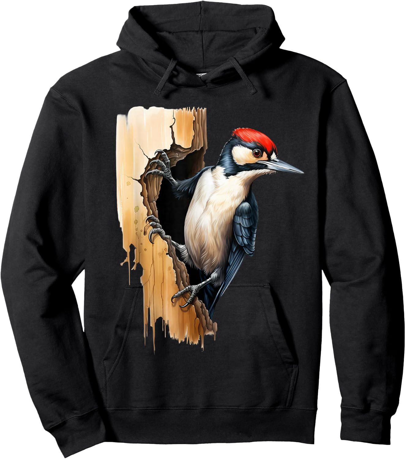 Woodpecker Wall Drawing Nature Wildlife Motif Animal Print Hoodie - Hoodie | Black