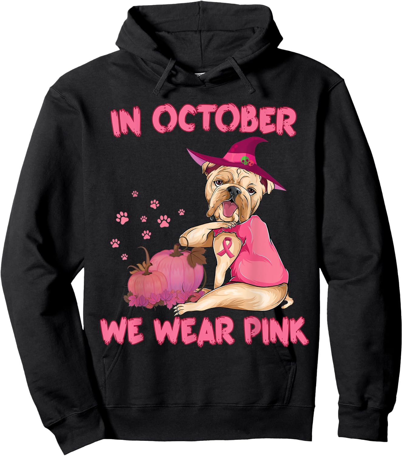 In October We Wear Pink Bulldog Dog Breast Cancer Halloween Hoodie - Hoodie | Black