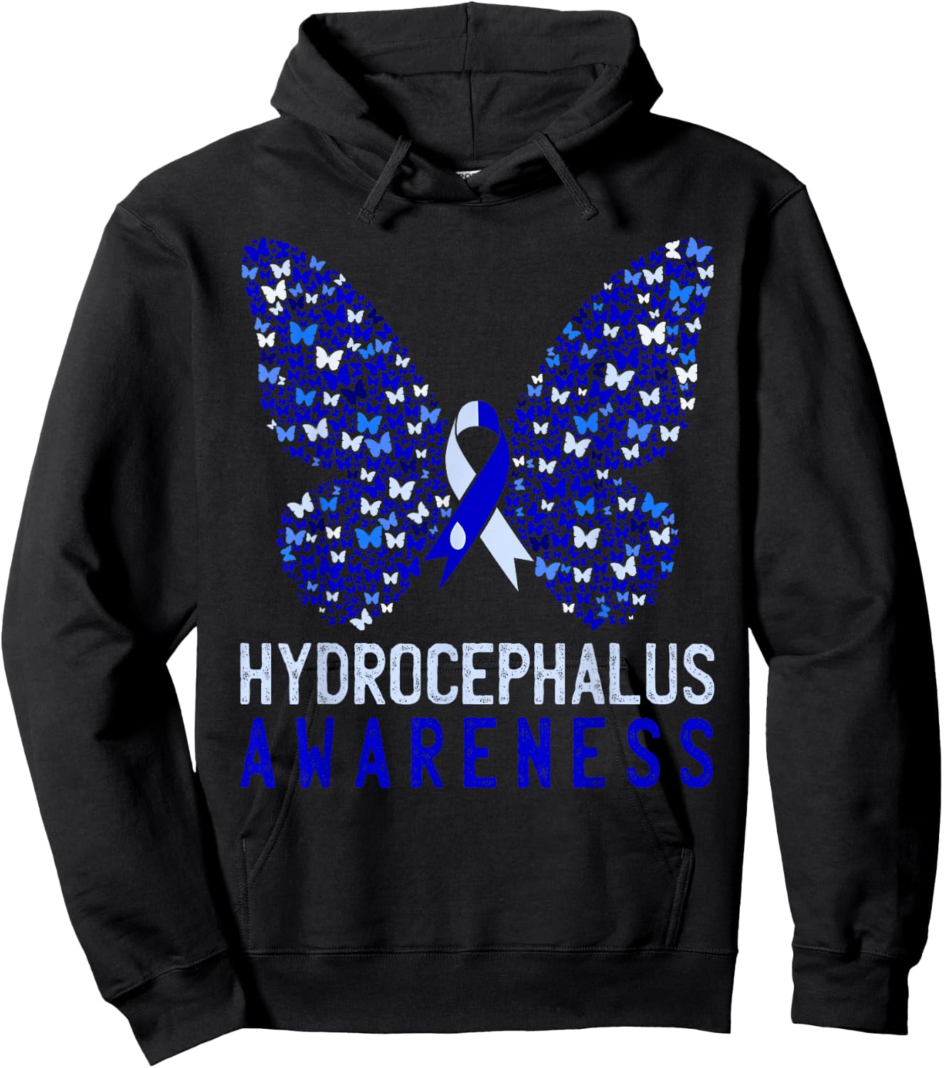 Butterfly Hydrocephalus Awareness Month Blue Ribbon Support Hoodie - Hoodie | Black