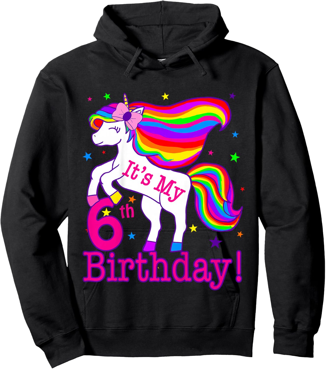 Its My 6th Birthday Rainbow Star Unicorn (6 Year Old) Girls Hoodie - Hoodie | Black