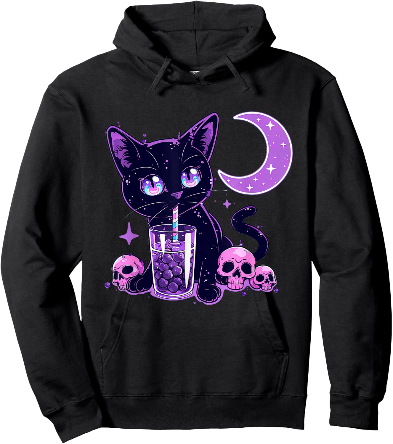 Cute Kawaii Cat Drink Boba Tea Purple Pastel Goth Neko Cat Hoodie - Hoodie | Black