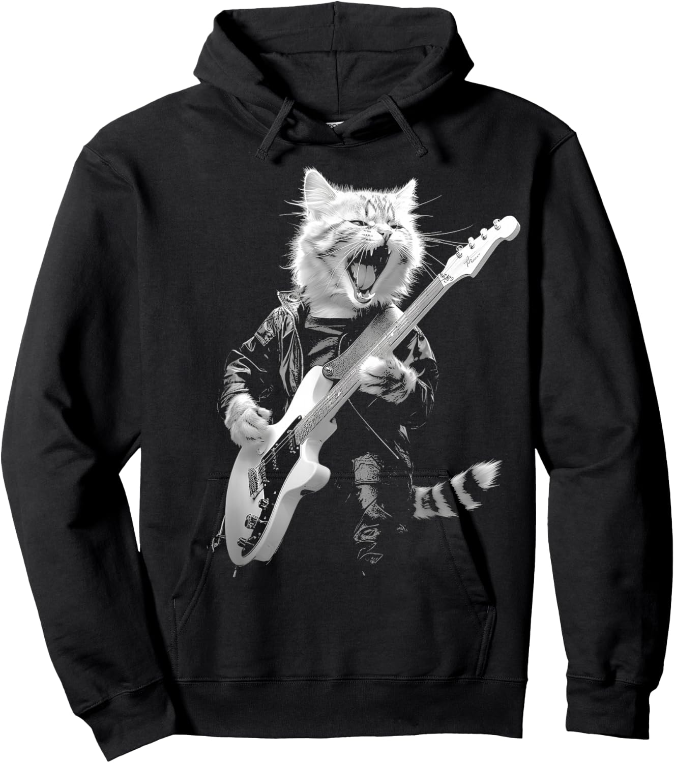 Rock Cat Playing Guitar Funny Guitar Cat Design Hoodie - Hoodie | Black