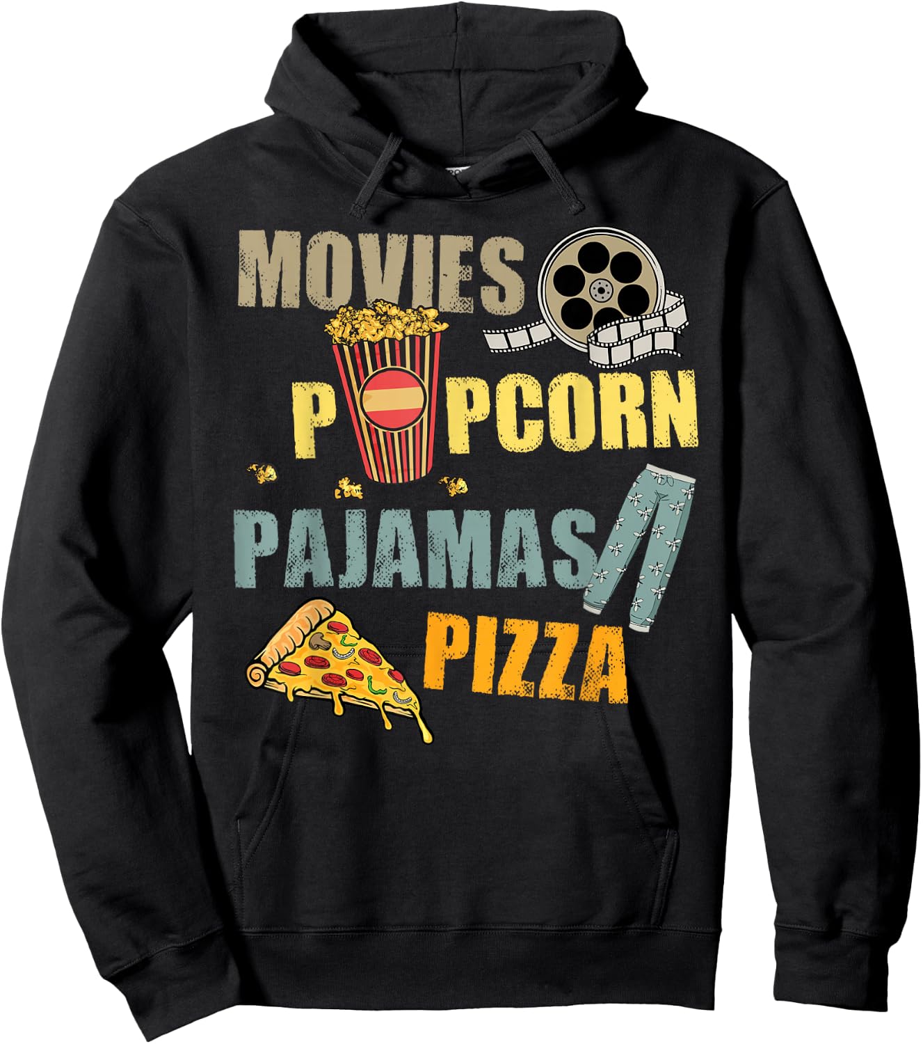 Movies Popcorn Pajamas Pizza Movie Night Hoodie - Hoodie | Black