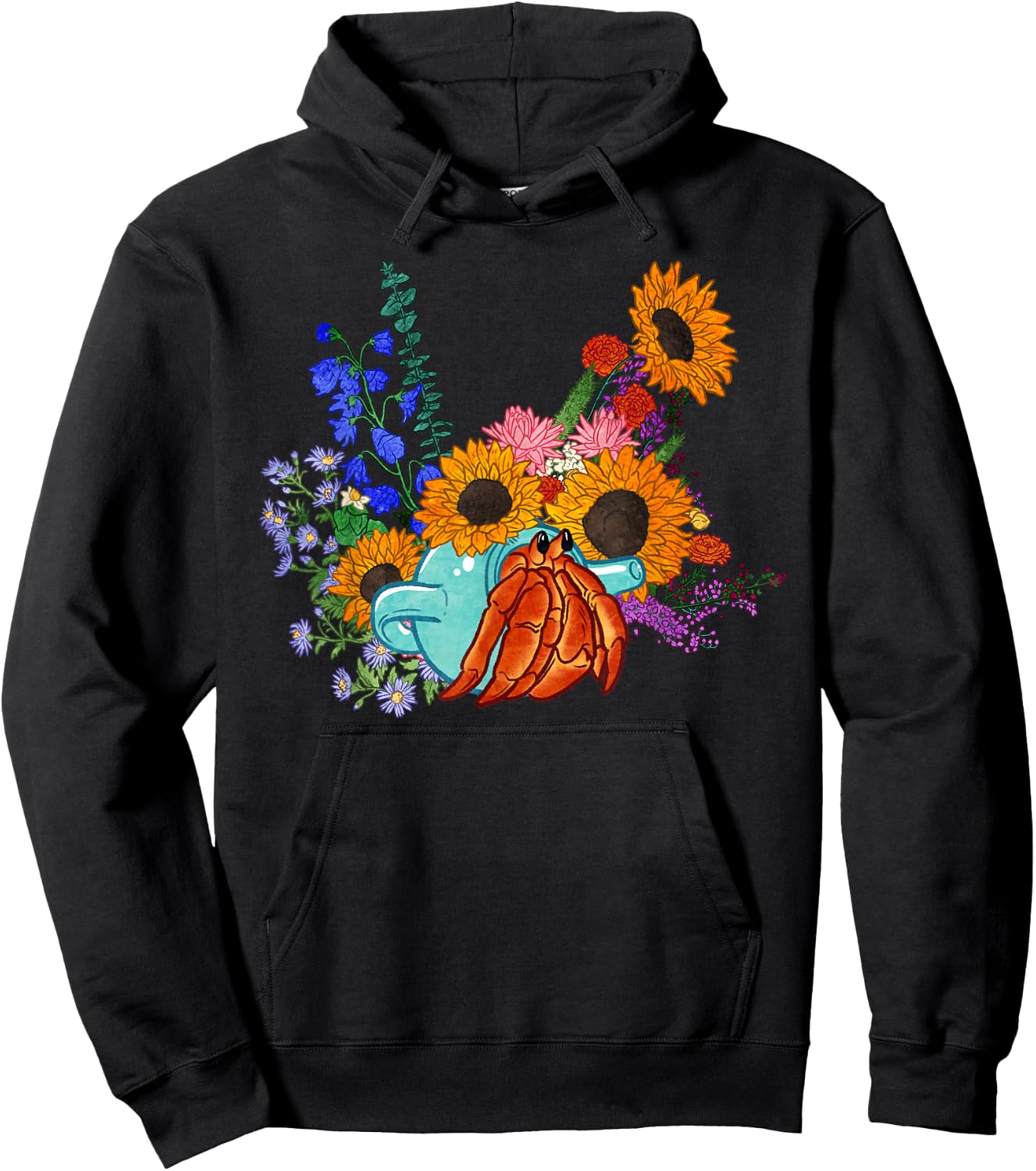 Teapot Hermit Crab and Flowers Hoodie - Hoodie | Black