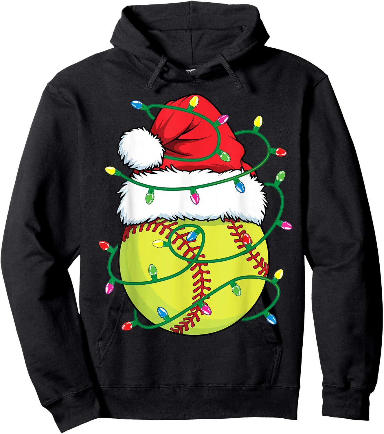 Softball with Santa Hat Men Boys Girls Christmas Xmas Lights Hoodie - Hoodie | Black