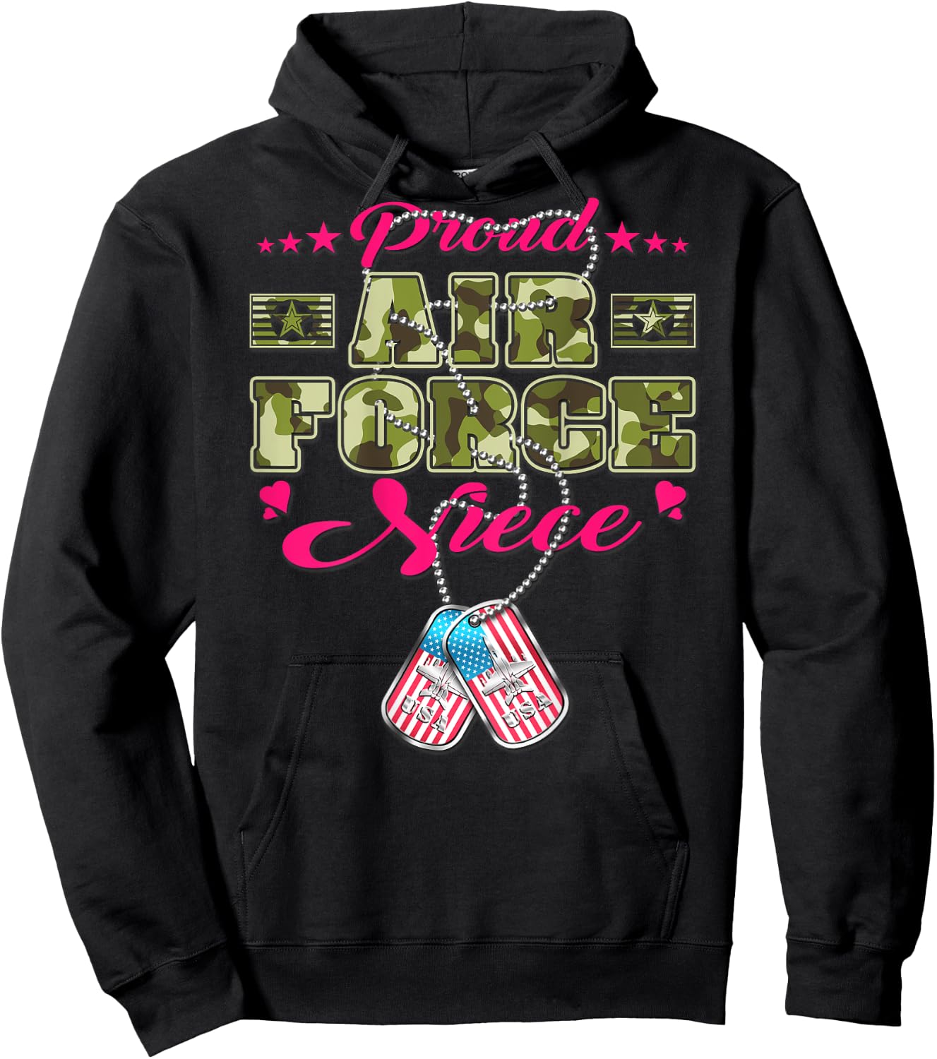 Proud Air Force Niece - Camo US Flag Dog Tag Military Family Men Women Kids Hoodie - Hoodie | Black