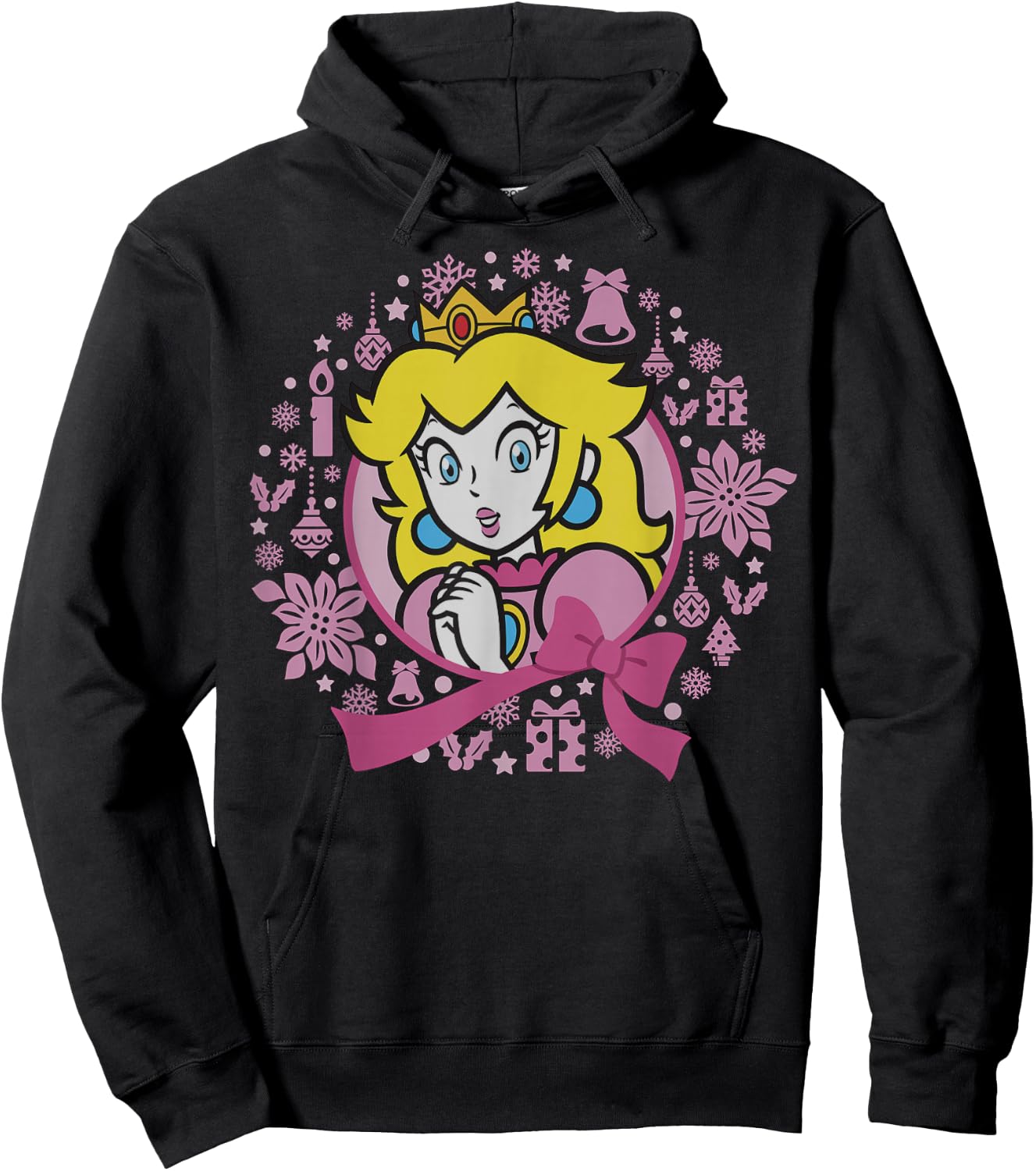 Super Mario Bros Princess Peach Pink Bow Circle Portrait Hoodie - Hoodie | Black