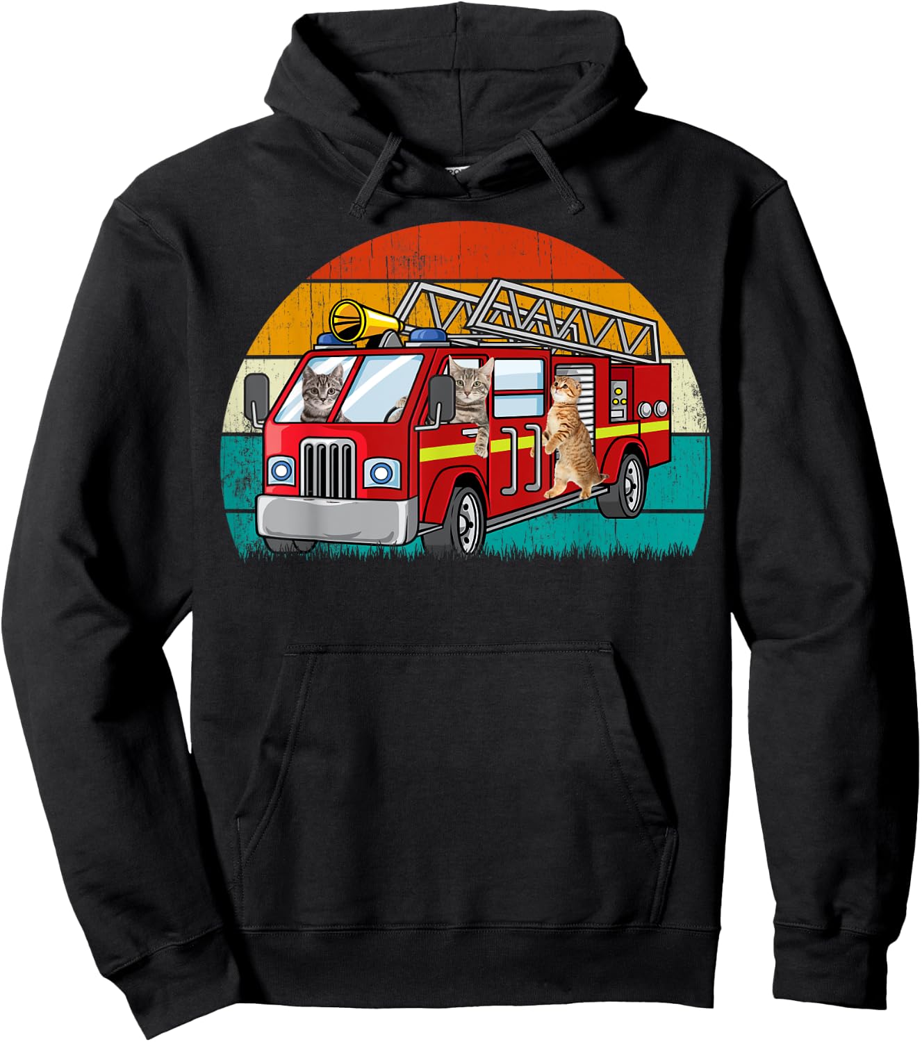 Vintage Retro Style Sunset rescue Engine Cat Firefighter Hoodie - Hoodie | Black