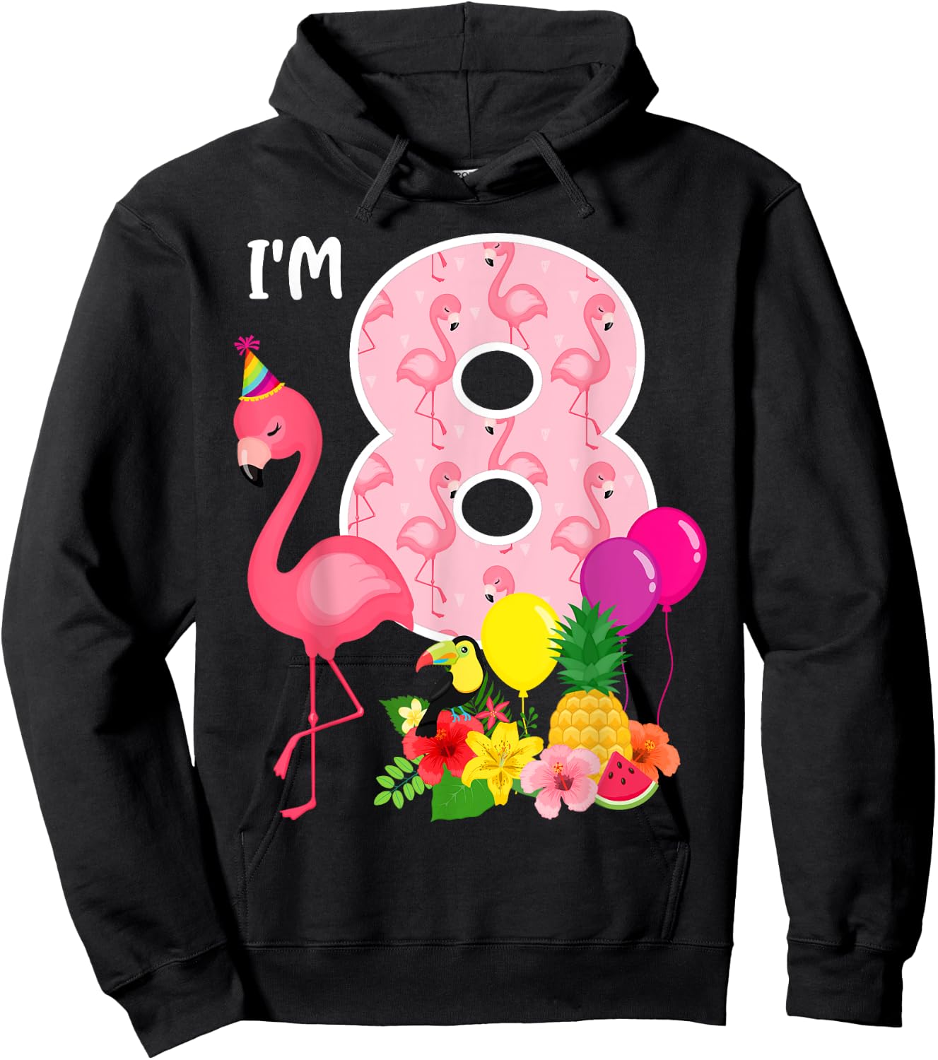 Flamingo Birthday I'm 8 Tropical Flamingo Theme 8th Birthday Hoodie - Hoodie | Black