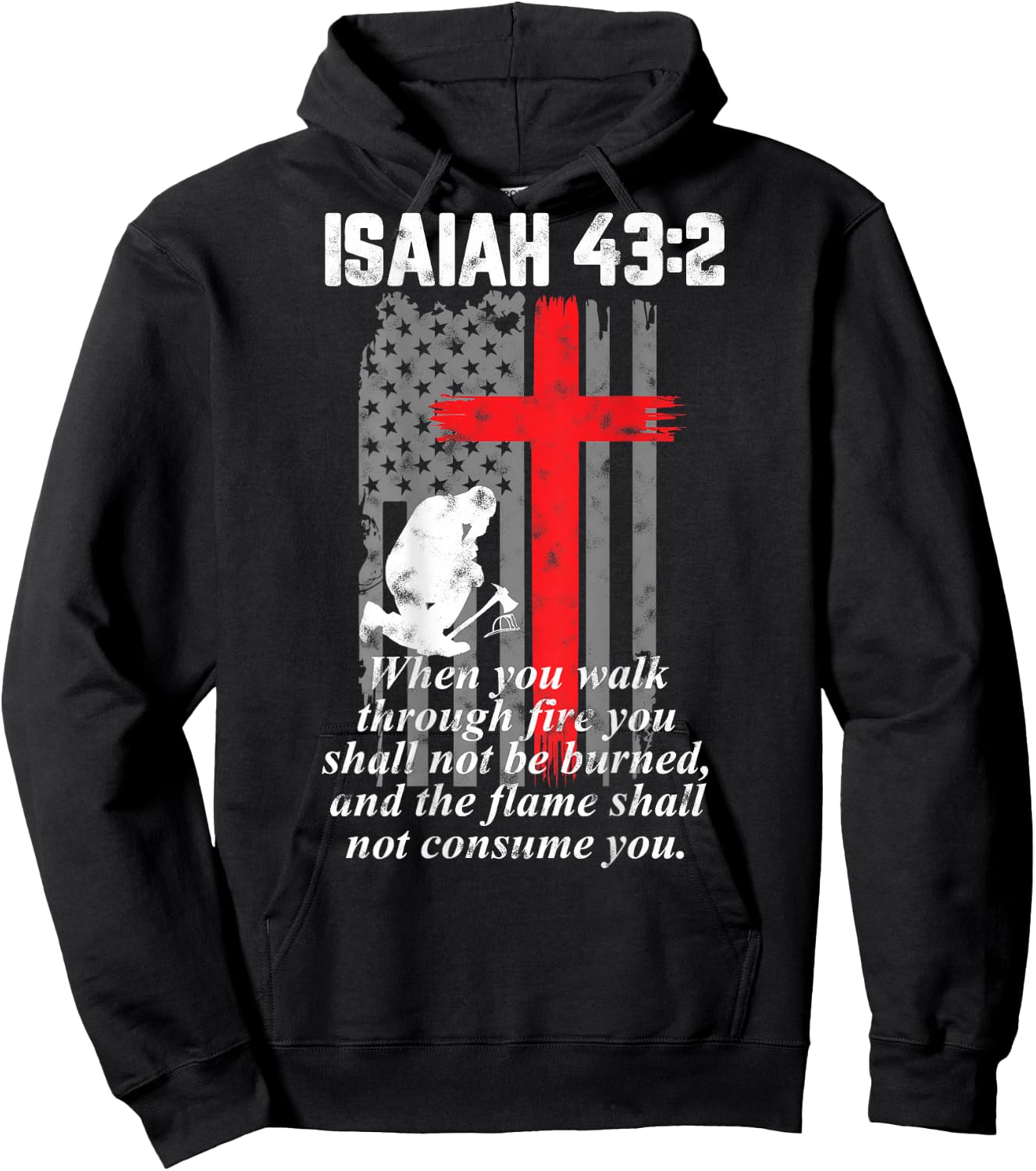Thin Red Line Firefighter Cross Bible Verse American Flag Small Hoodie - Hoodie | Black