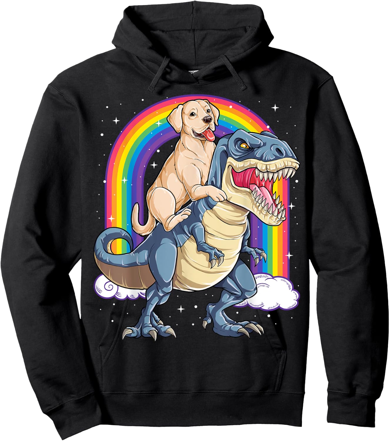 Labrador Riding Dinosaur T-rex Gifts Boys Kids Men Rainbow Hoodie - Hoodie | Black