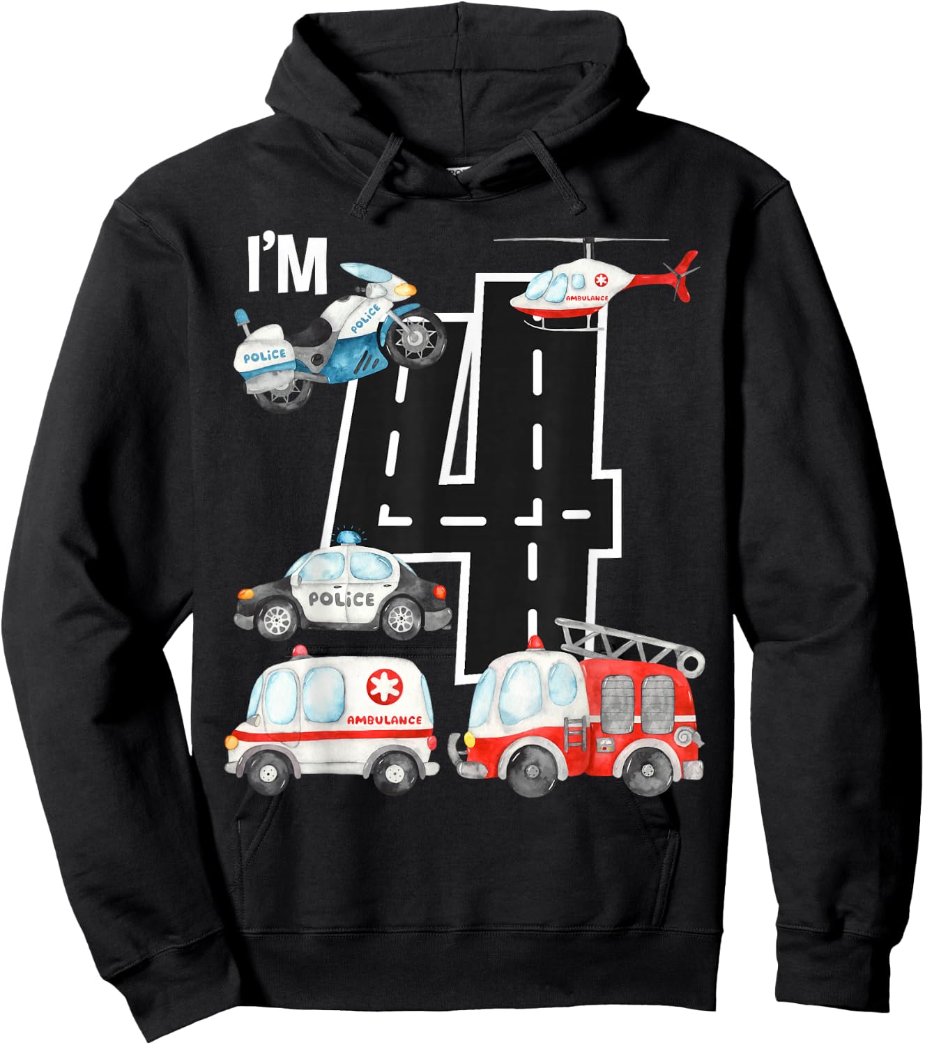 Emergency Vehicles 4th Birthday Fire Truck Police Car Boys Hoodie - Hoodie | Black