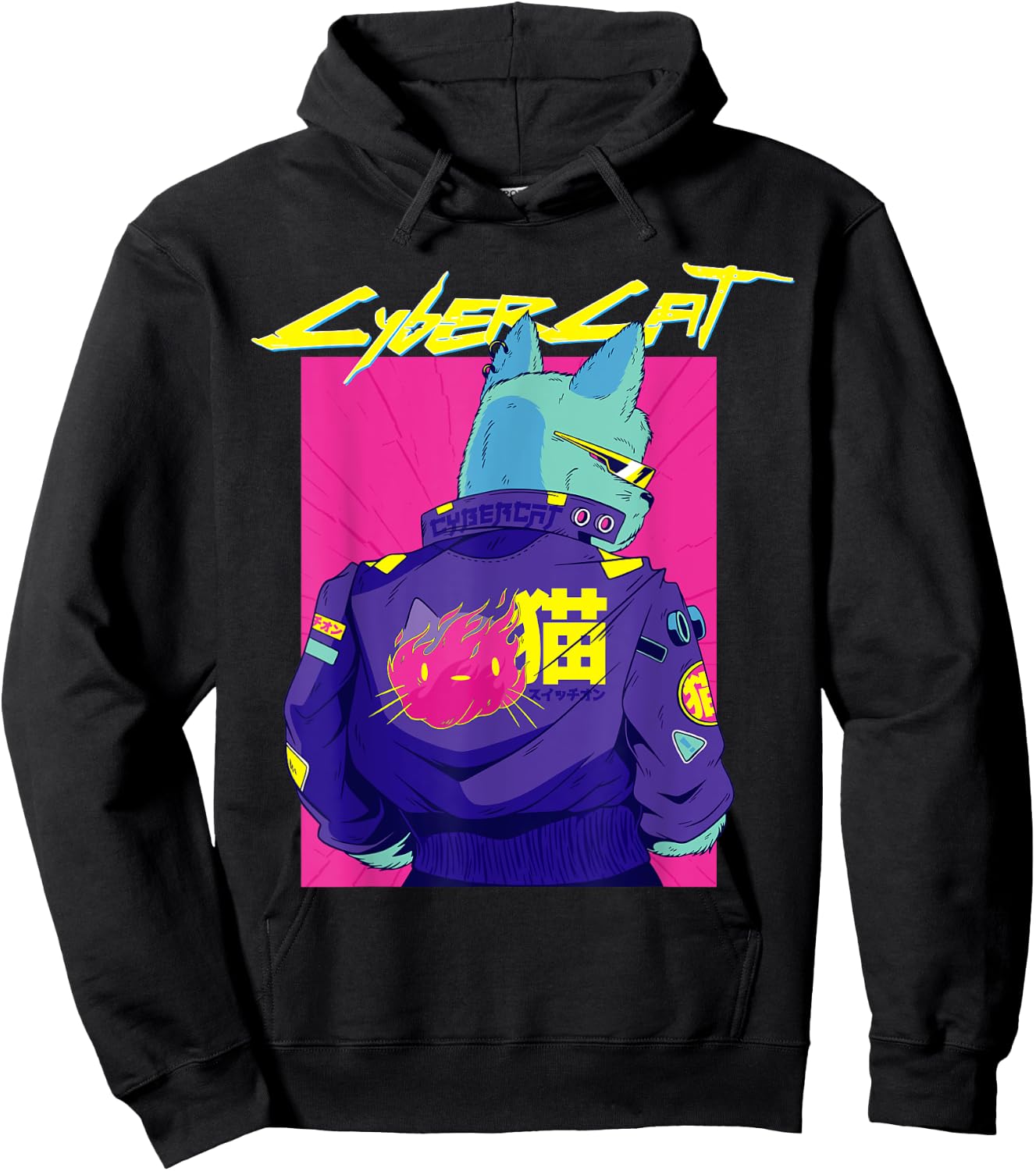 Cyberpunk Pun Cat cybercat Japanese Character cyberpunker Hoodie - Hoodie | Black