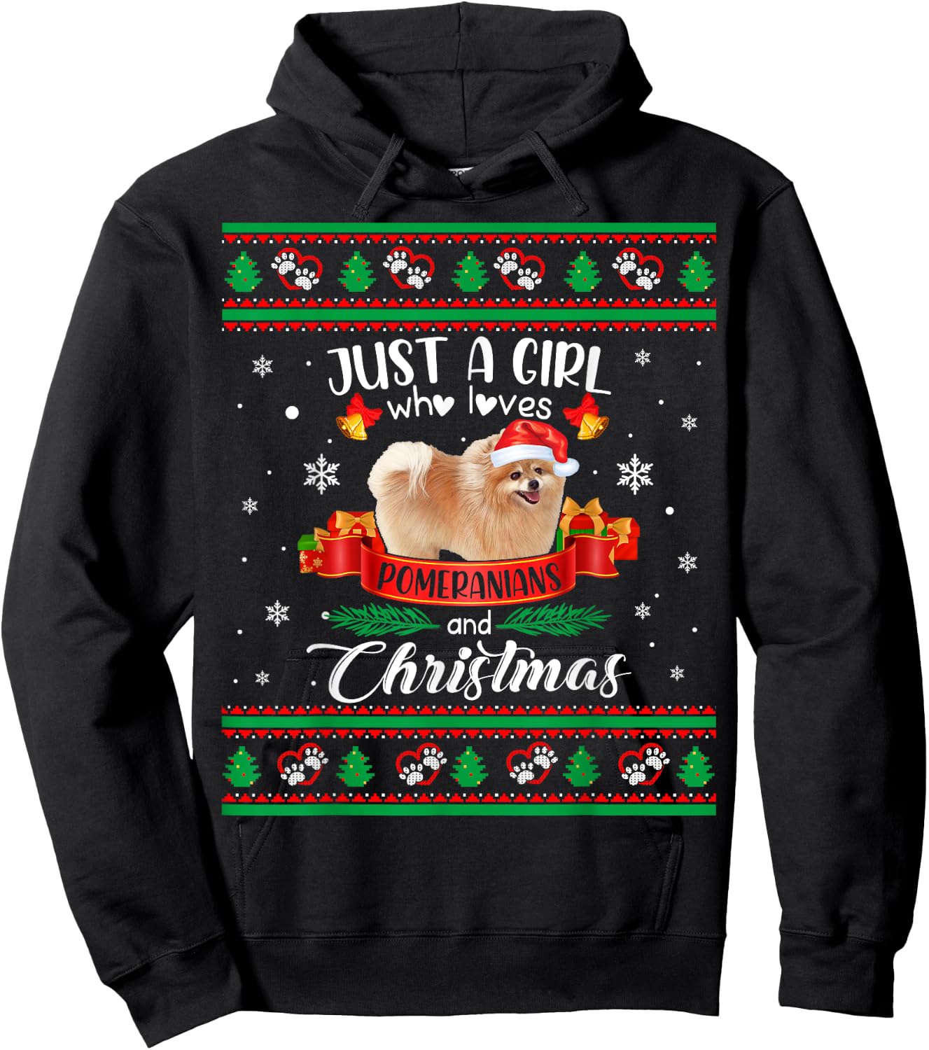 Just A Girl Who Loves Pomeranians & Christmas Ugly Sweater Hoodie - Hoodie | Black