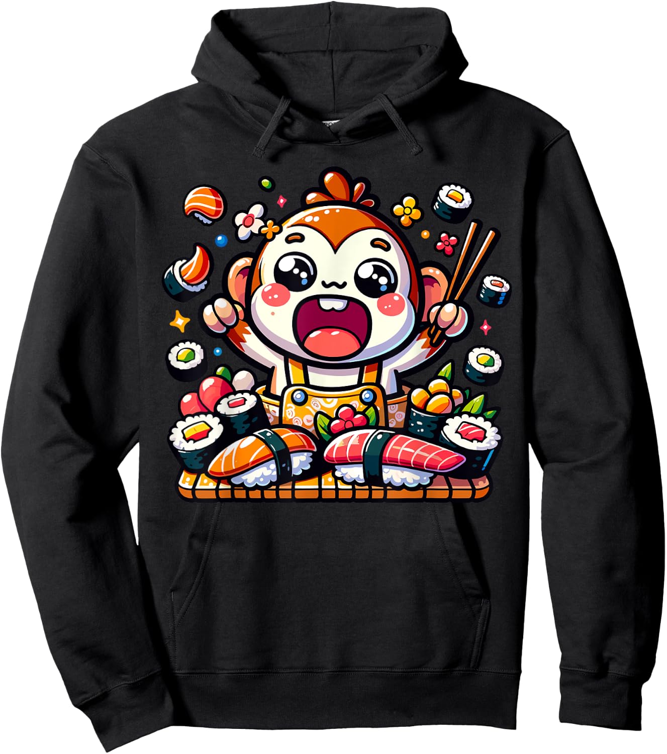 Hungry Kawaii Monkey Eating Sushi Japanese Food Hoodie - Hoodie | Black