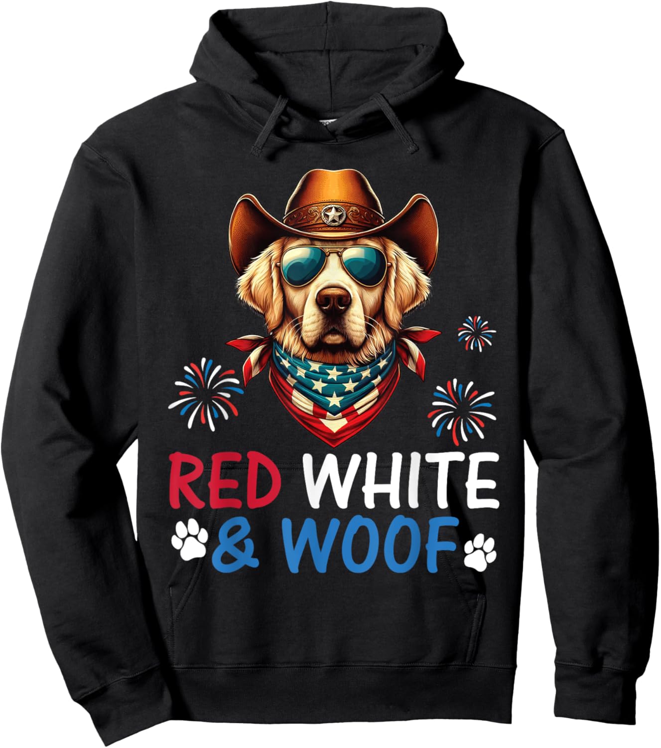 Golden Retriever Cowboy Costume Fireworks Red White and Woof Hoodie - Hoodie | Black