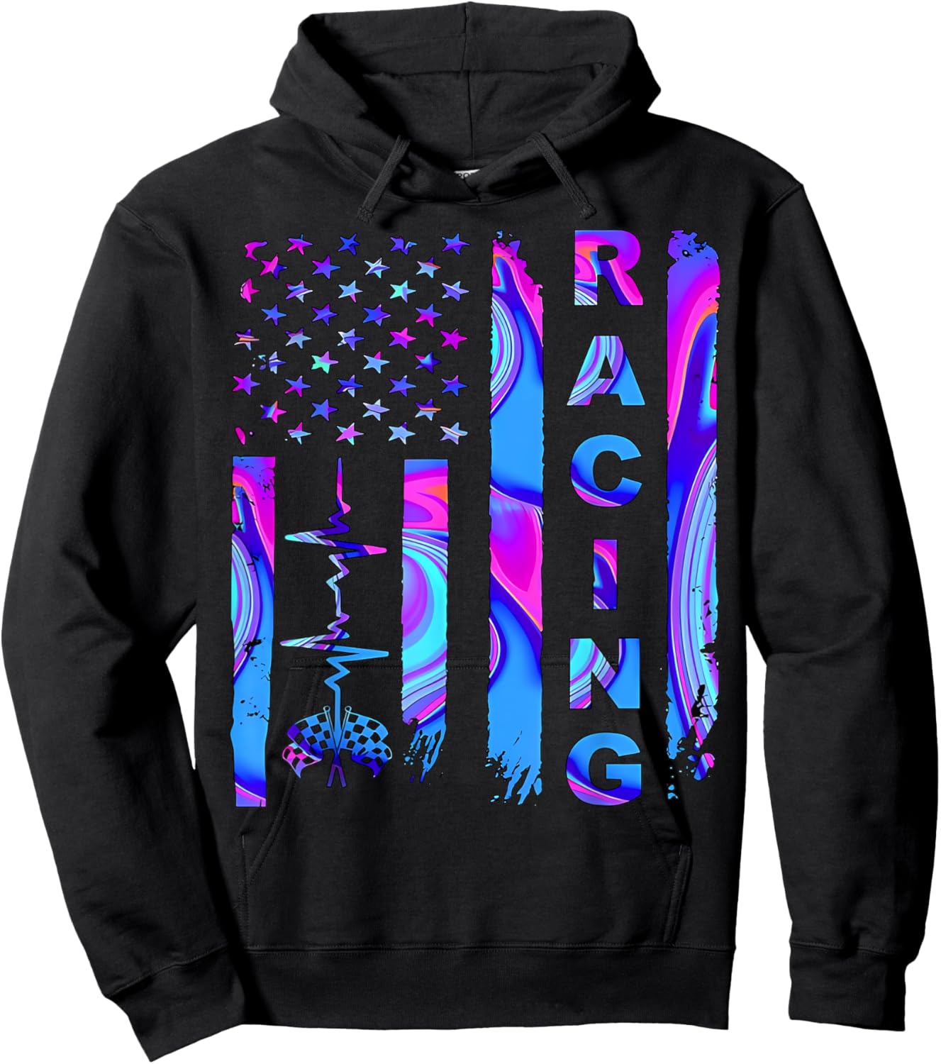 Tie Dye Heartbeat Checkered Flag Racing Patriotic Race Life Men Hoodie - Hoodie | Black