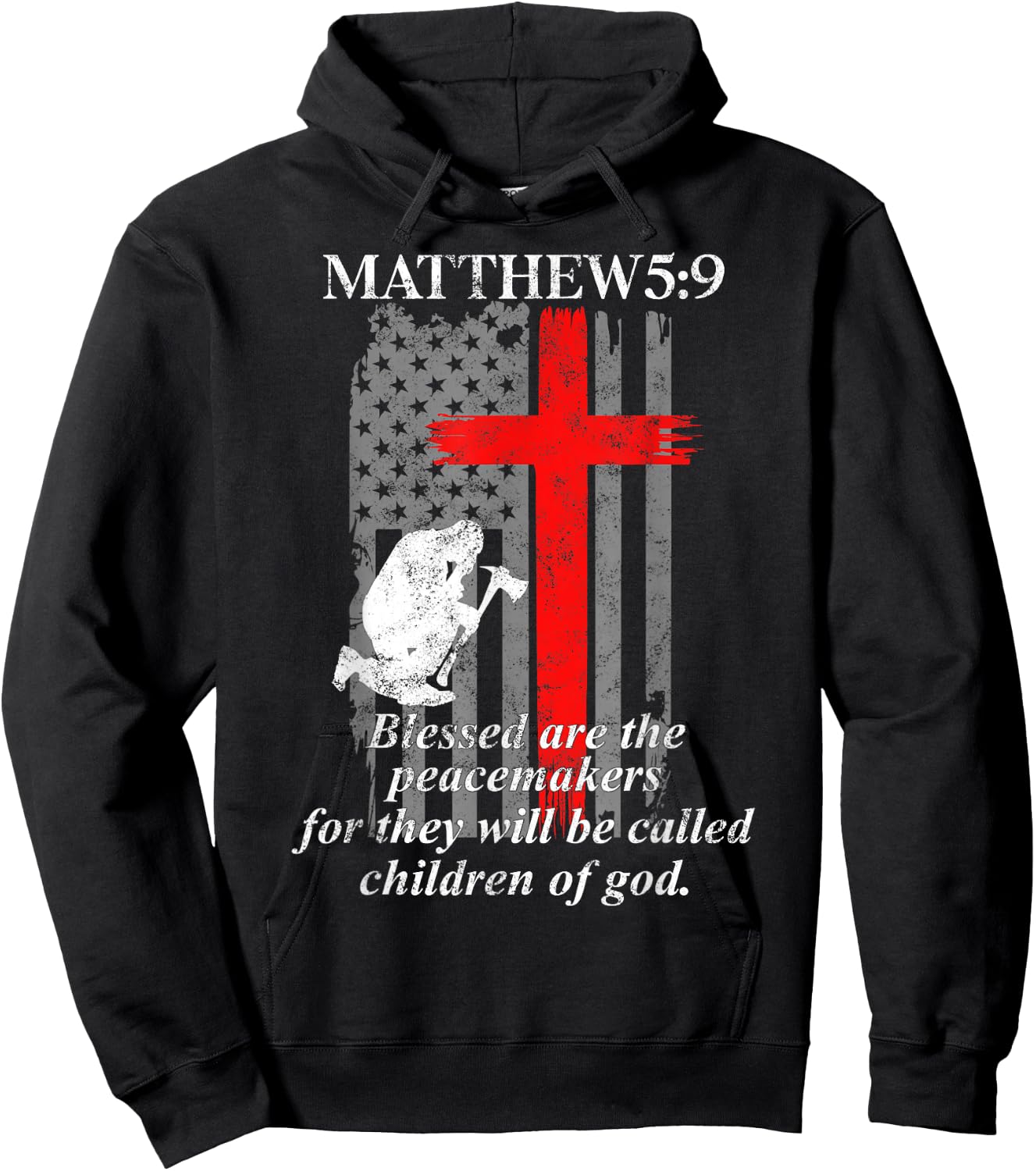 Thin Red Line Fireman Cross Bible Verse Firefighter USA Flag Hoodie - Hoodie | Black