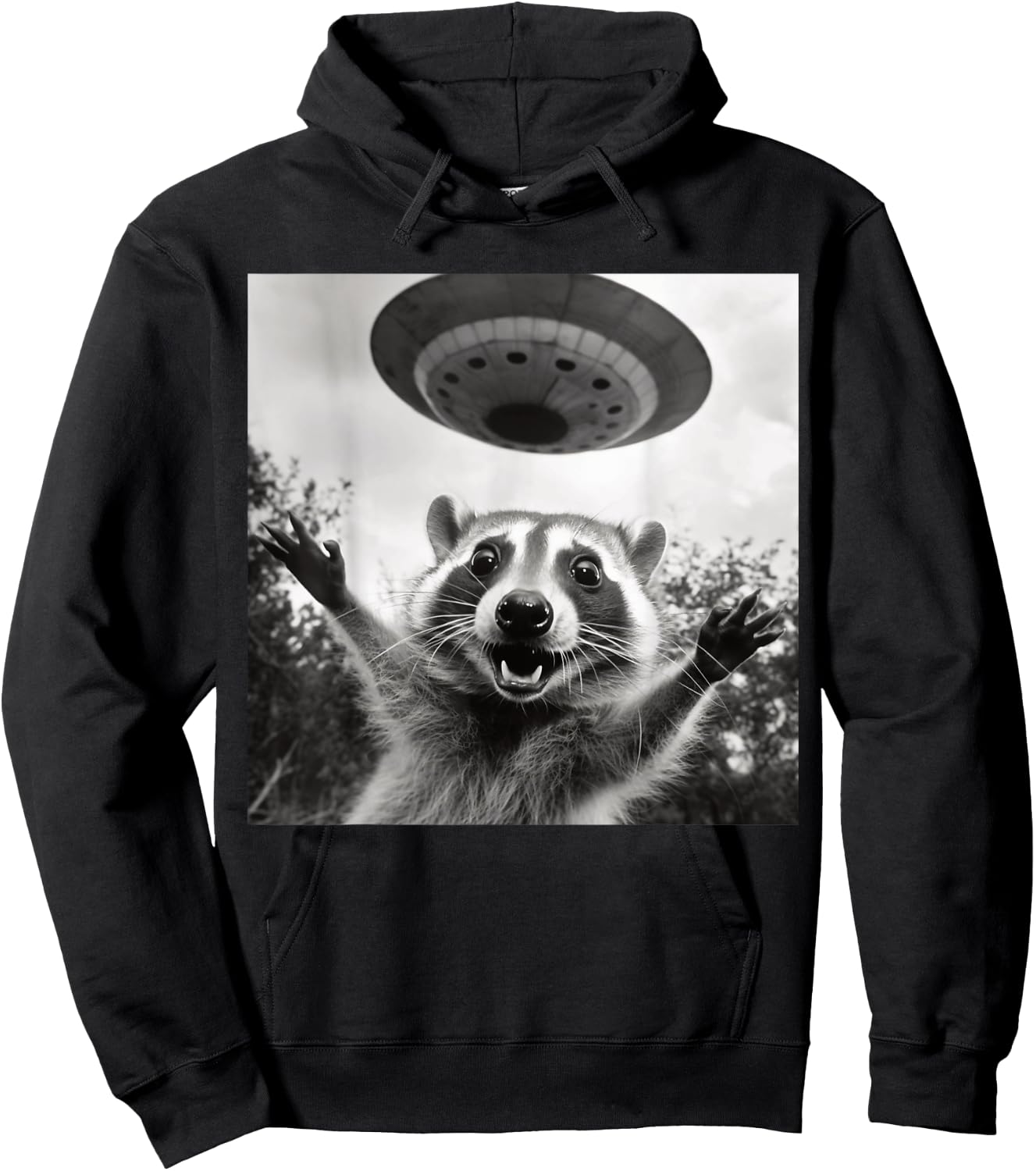 Funny Raccoon UFO Alien Selfie Photo Of Raccoon With UFO Hoodie - Hoodie | Black