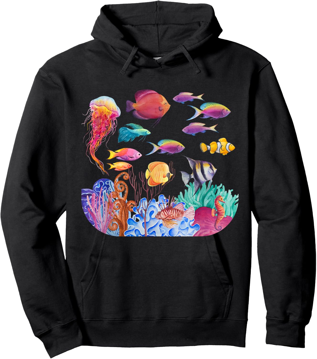 Ocean Scene - Watercolor Sea Life Hoodie - Hoodie | Black