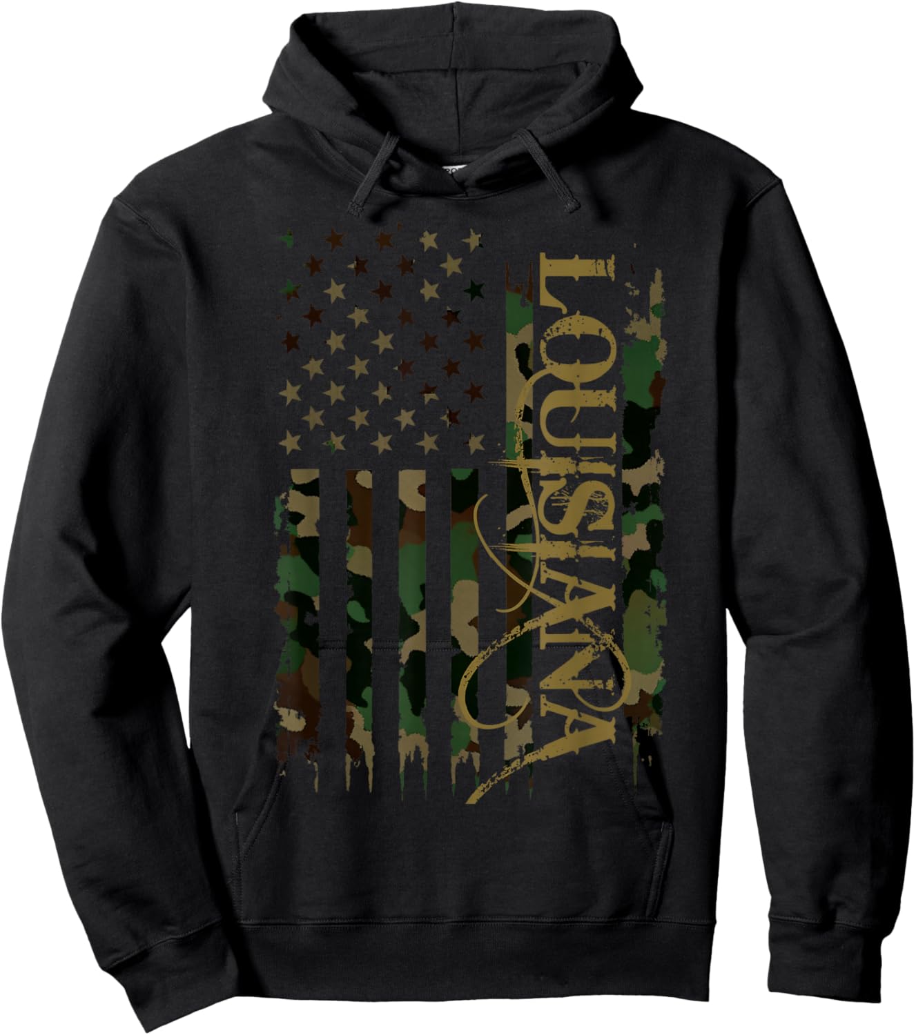 Louisiana United States Distressed Camo w US Flag Hoodie - Hoodie | Black