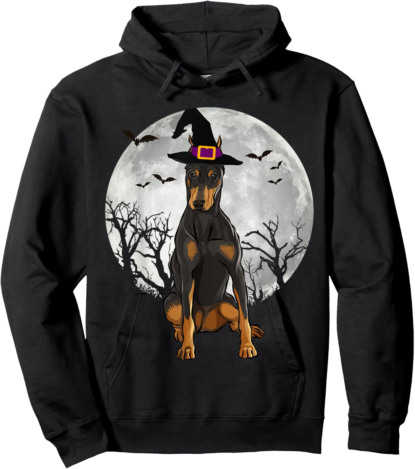Scary Doberman Pinscher Dog Witch Hat Halloween Hoodie - Hoodie | Black