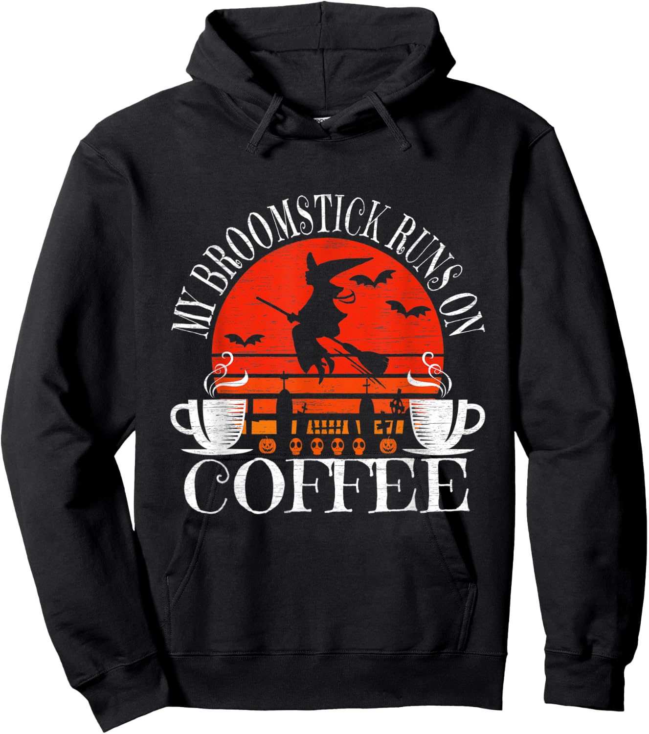 My Broomstick Runs On Coffee Cute Halloween Witches Graphic Hoodie - Hoodie | Black