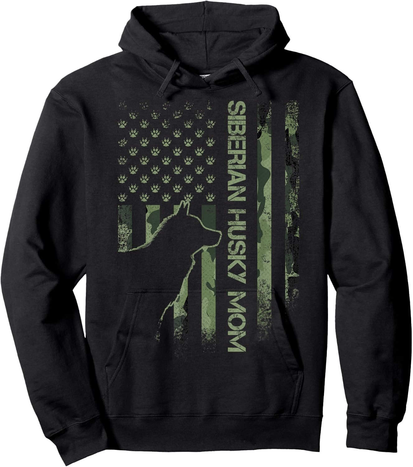 Vintage USA Camo Flag Proud Siberian Husky Mom Silhouette Hoodie - Hoodie | Black