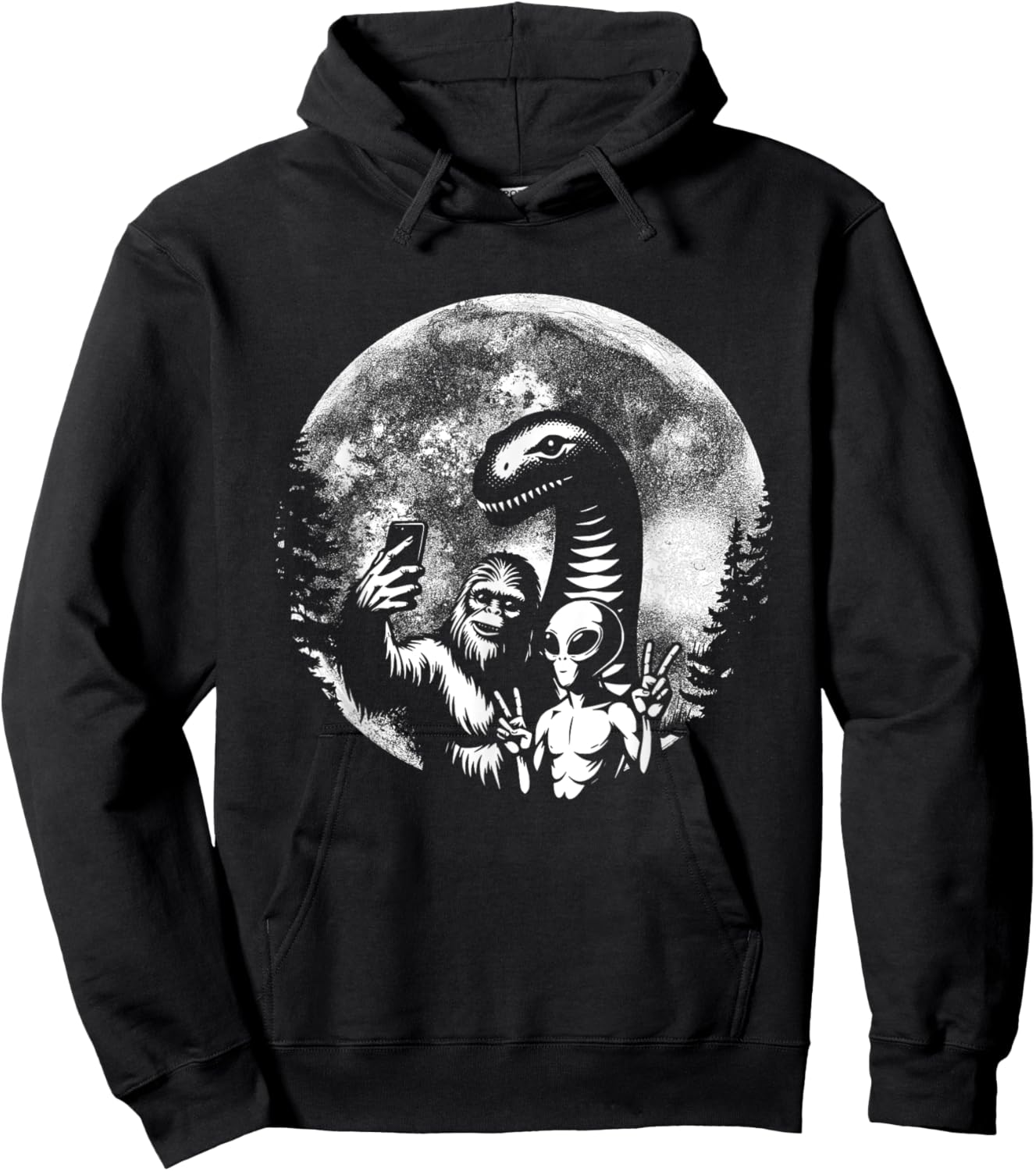 Funny Bigfoot Sasquatch Alien Loch Ness Full Moon Selfie Hoodie - Hoodie | Black