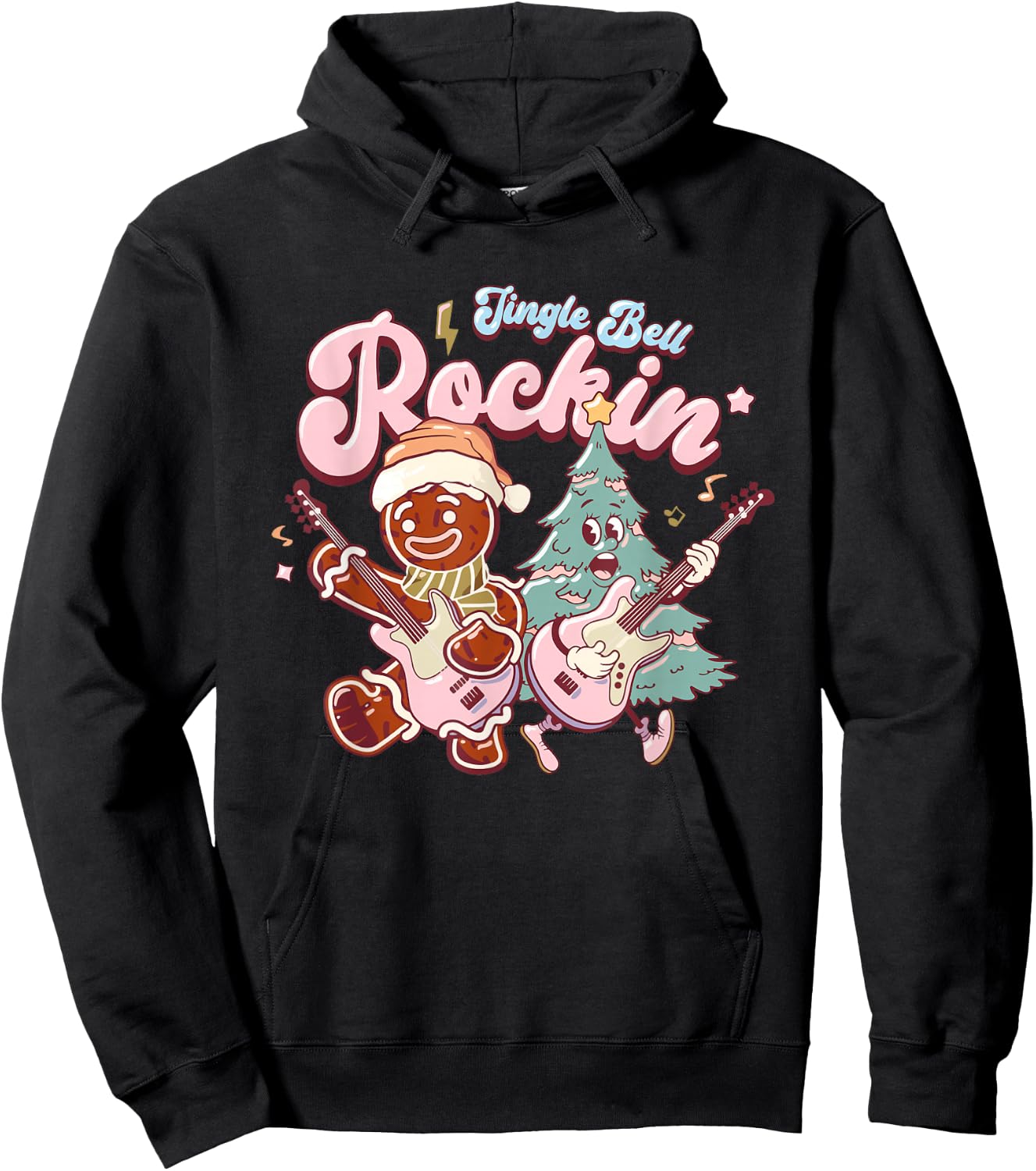Jingle Bell Rockin Christmas Tree Guitarist Groovy Retro Hoodie - Hoodie | Black