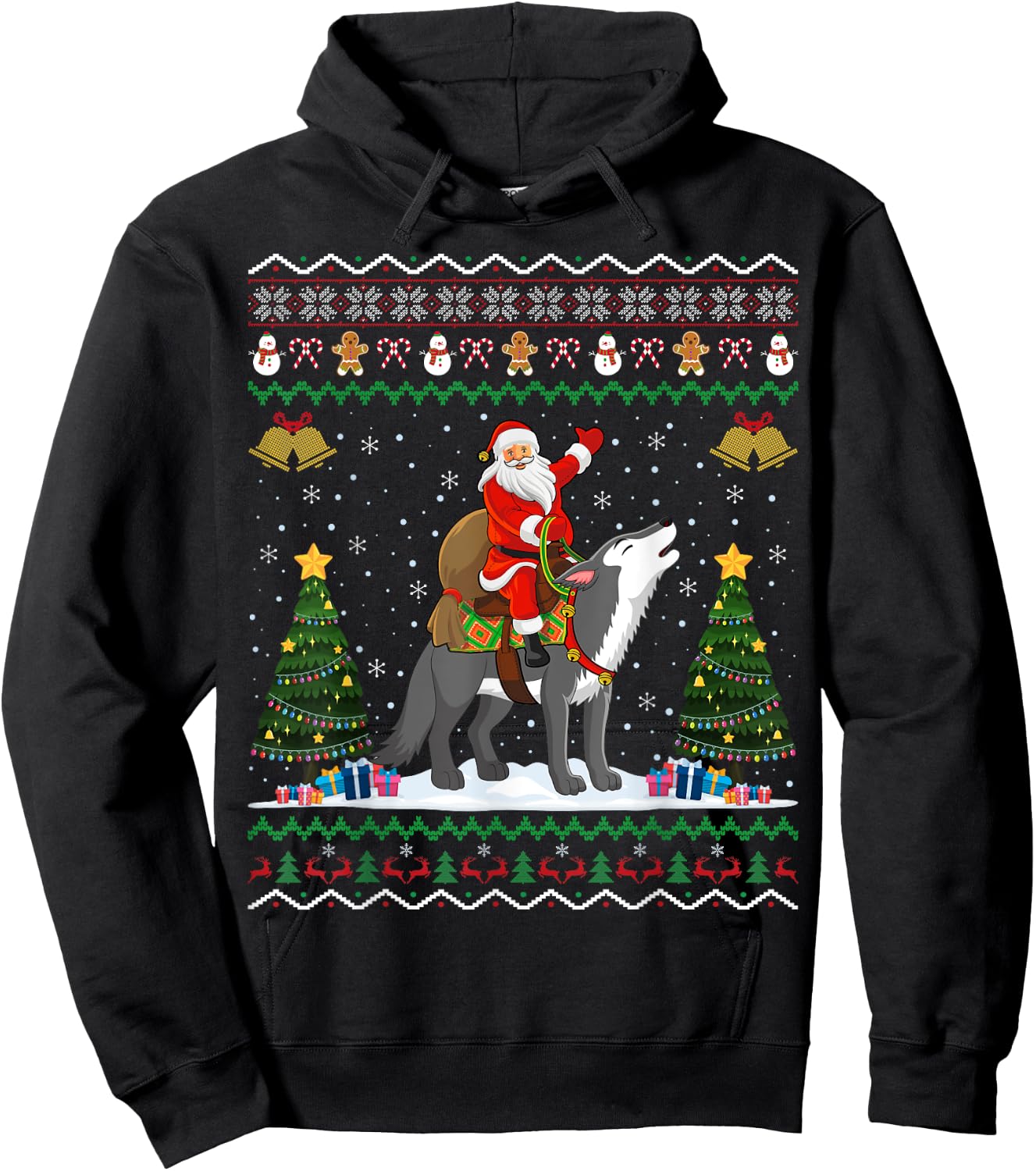 Ugly Wolf Xmas Gift Santa Riding Wolf Christmas Hoodie - Hoodie | Black