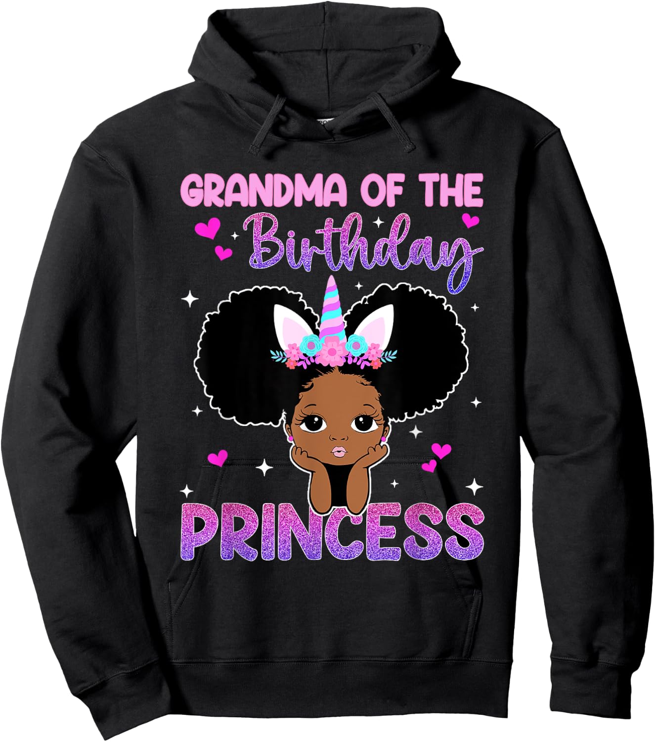 Grandma Of The Birthday Princess Melanin Black Girl Unicorn Hoodie - Hoodie | Black