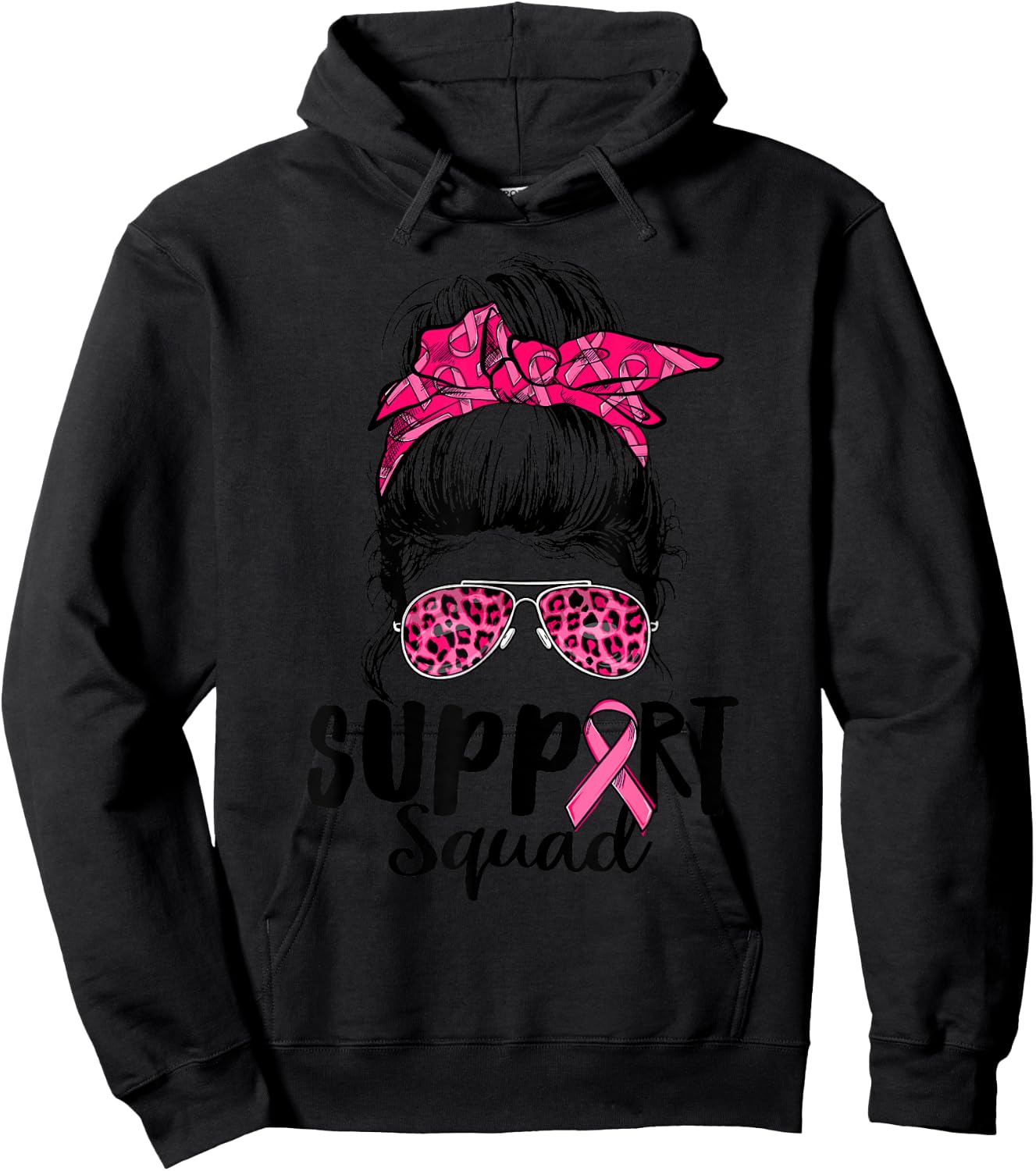 Support Squad Messy Bun Pink Warrior Breast Cancer Awareness Hoodie - Hoodie | Black