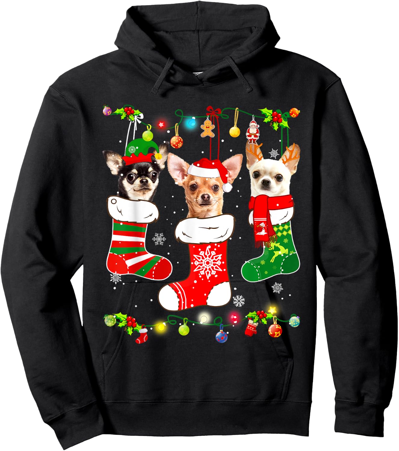 Chihuahua Christmas Lights Gift Funny Xmas Dog Lover Hoodie - Hoodie | Black