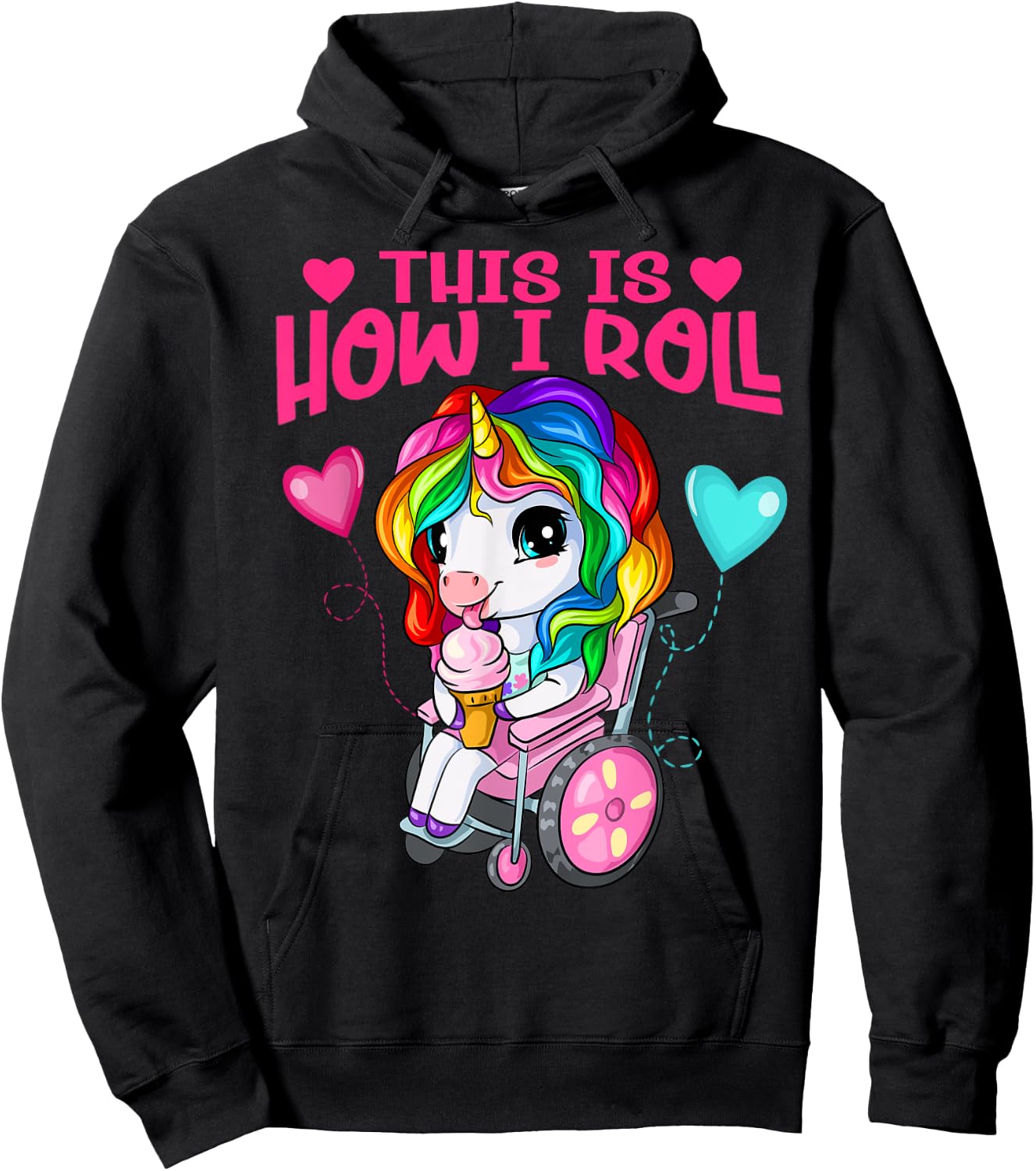 Cute Ice Cream Eating Unicorn Girl In Wheelchair Hoodie - Hoodie | Black