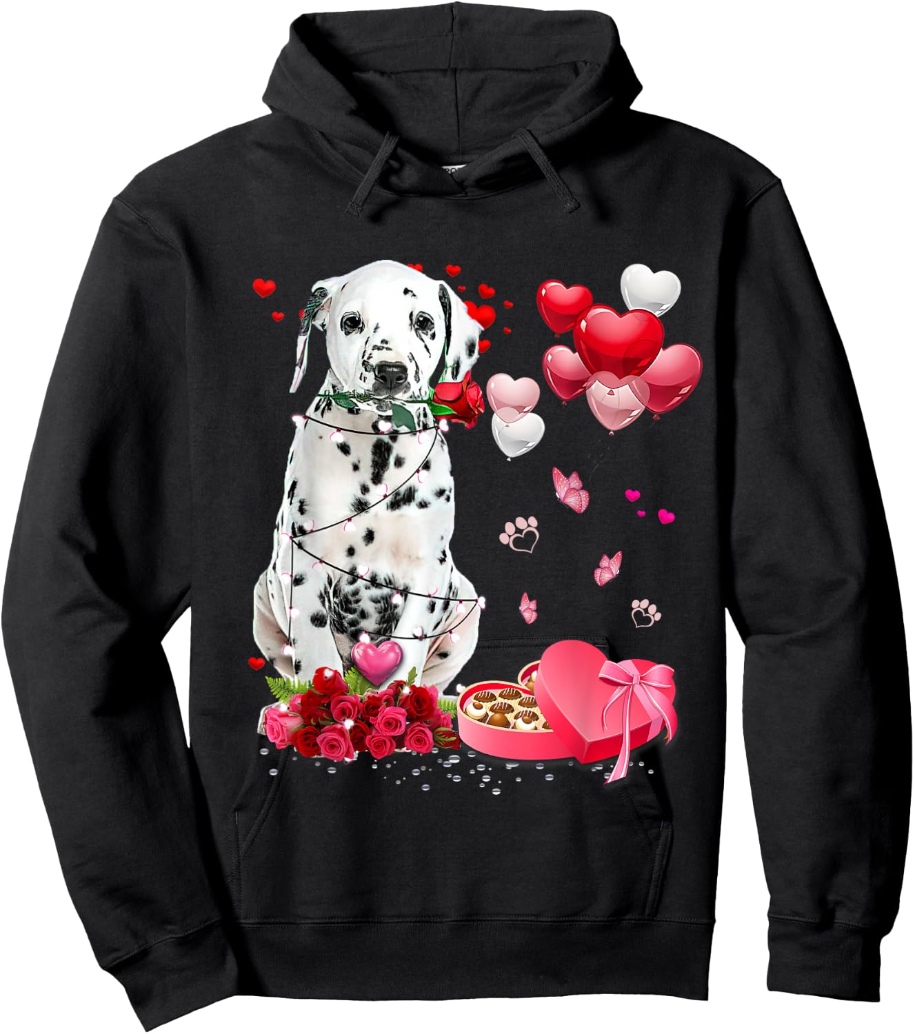 Funny Dalmatian Rose Heart Happy Valentine Day Dog Mom Women Kids Hoodie - Hoodie | Black