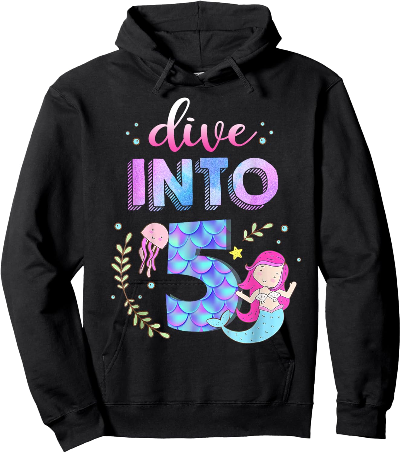 5th Birthday Mermaid Theme Party Dive Into Five 5 Years Old Hoodie - Hoodie | Black