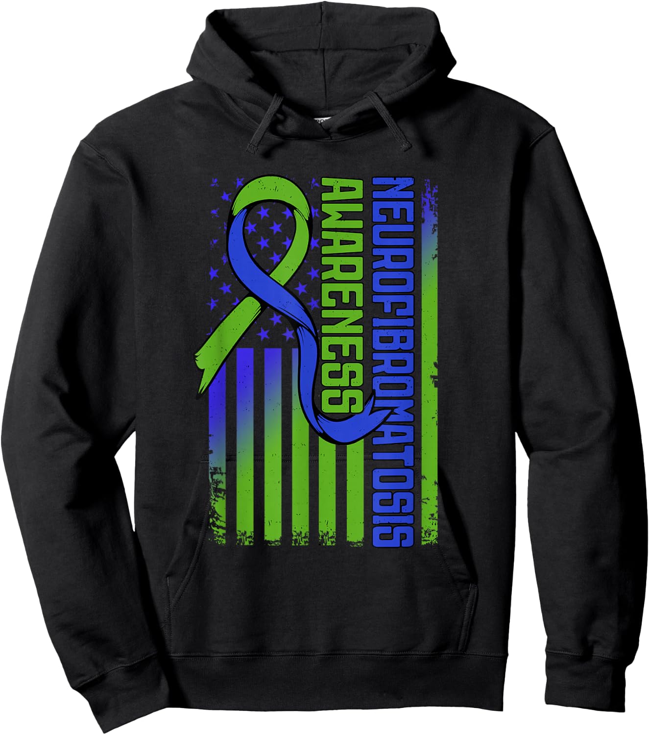 Neurofibromatosis Flag NF1 Blue and Green Ribbon Awareness Hoodie - Hoodie | Black
